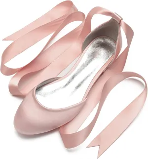 ADMLZQQ Ballet Flats Women Satin Comfortable Closed Toe Ribbon Tie Flats Shoes for Bride Round Toe Prom Evening Bridal Party Dress Flats