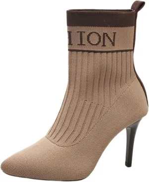 Aflngle Women's Fashion Ankle Boots Sexy Pointed Toe Stiletto High Heels Boots Elastic Knitted Fabric Short Long Sock Heels Comfy Mid Calf Booties