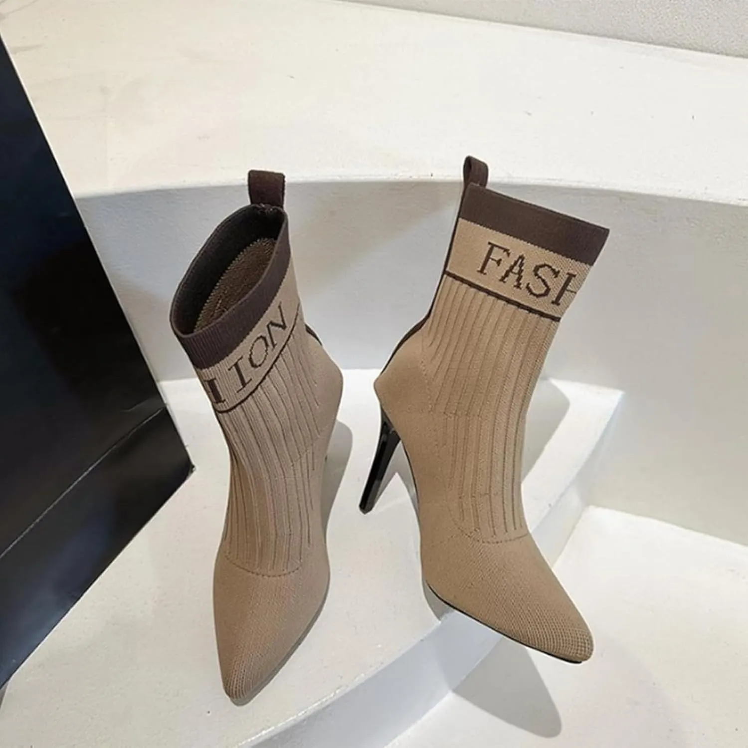 Aflngle Women's Fashion Ankle Boots Sexy Pointed Toe Stiletto High Heels Boots Elastic Knitted Fabric Short Long Sock Heels Comfy Mid Calf Booties