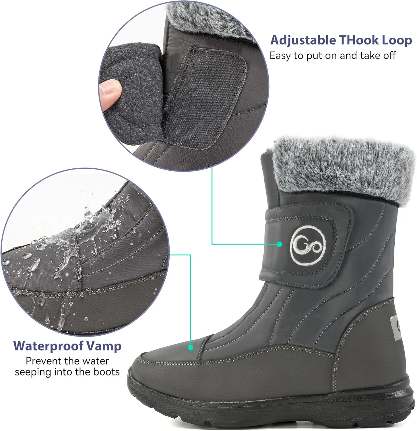 Almusen Snow Boots for Womens Winter Shoes: Warm Fur Lining Mid Calf Boots Women Anti Slip Waterproof Hook Loop Comfortable Outdoor Boot