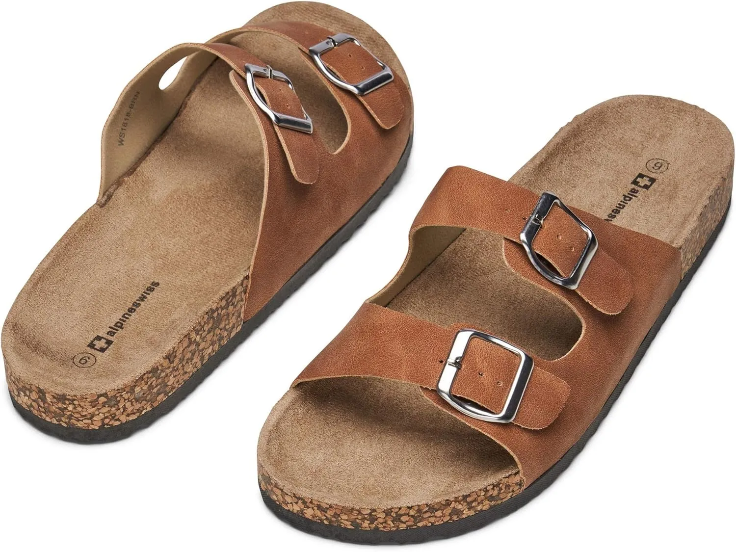 Alpine Swiss Mens Double Strap Contour Sandals | Adjustable Buckle Slides | Vegan Leather Footbed Sandals | Ergonomic Cork-Inspired Sole | Casual Summer Footwear Slip On Slides with Buckles