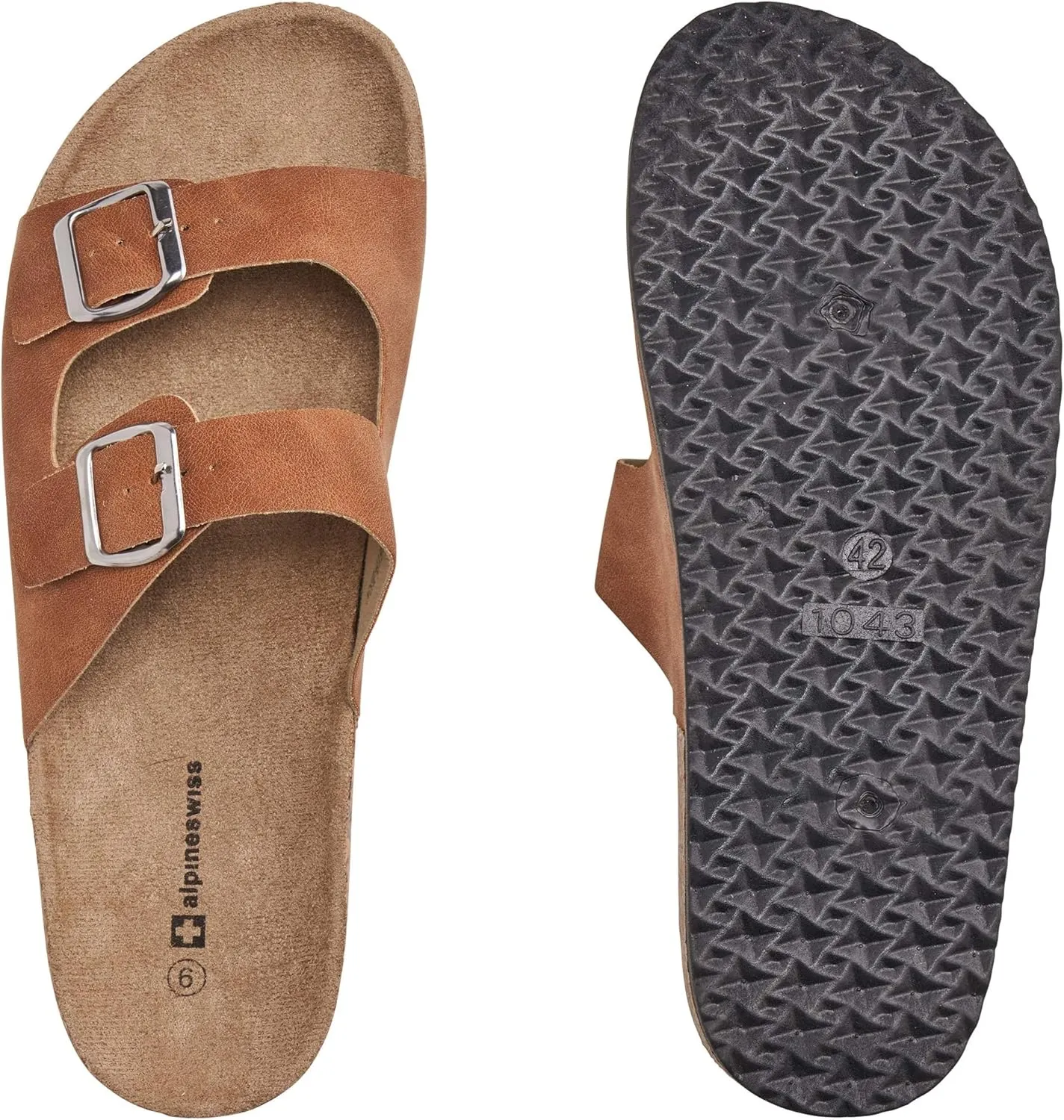 Alpine Swiss Mens Double Strap Contour Sandals | Adjustable Buckle Slides | Vegan Leather Footbed Sandals | Ergonomic Cork-Inspired Sole | Casual Summer Footwear Slip On Slides with Buckles