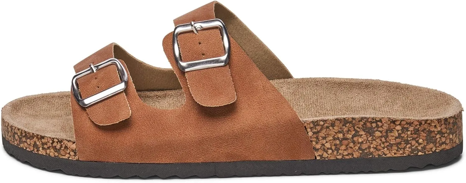 Alpine Swiss Mens Double Strap Contour Sandals | Adjustable Buckle Slides | Vegan Leather Footbed Sandals | Ergonomic Cork-Inspired Sole | Casual Summer Footwear Slip On Slides with Buckles