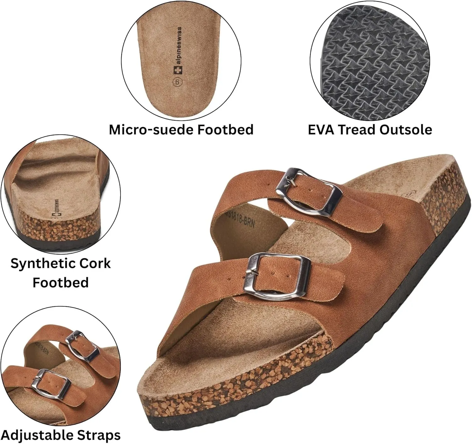 Alpine Swiss Mens Double Strap Contour Sandals | Adjustable Buckle Slides | Vegan Leather Footbed Sandals | Ergonomic Cork-Inspired Sole | Casual Summer Footwear Slip On Slides with Buckles
