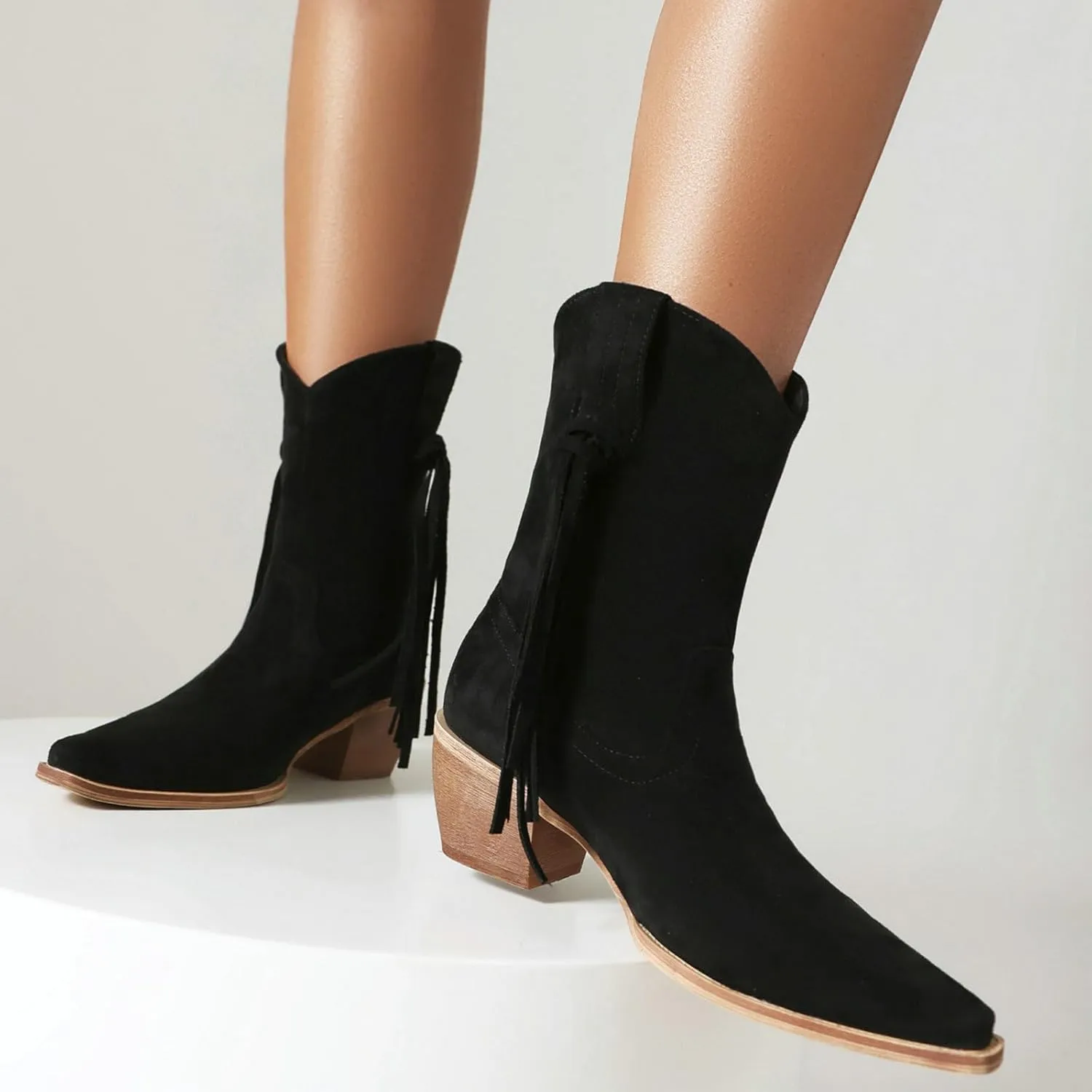 Alsoloveu Ankle Cowboy Boots for Women Suede Snip Toe Chunky Heel Western Boots