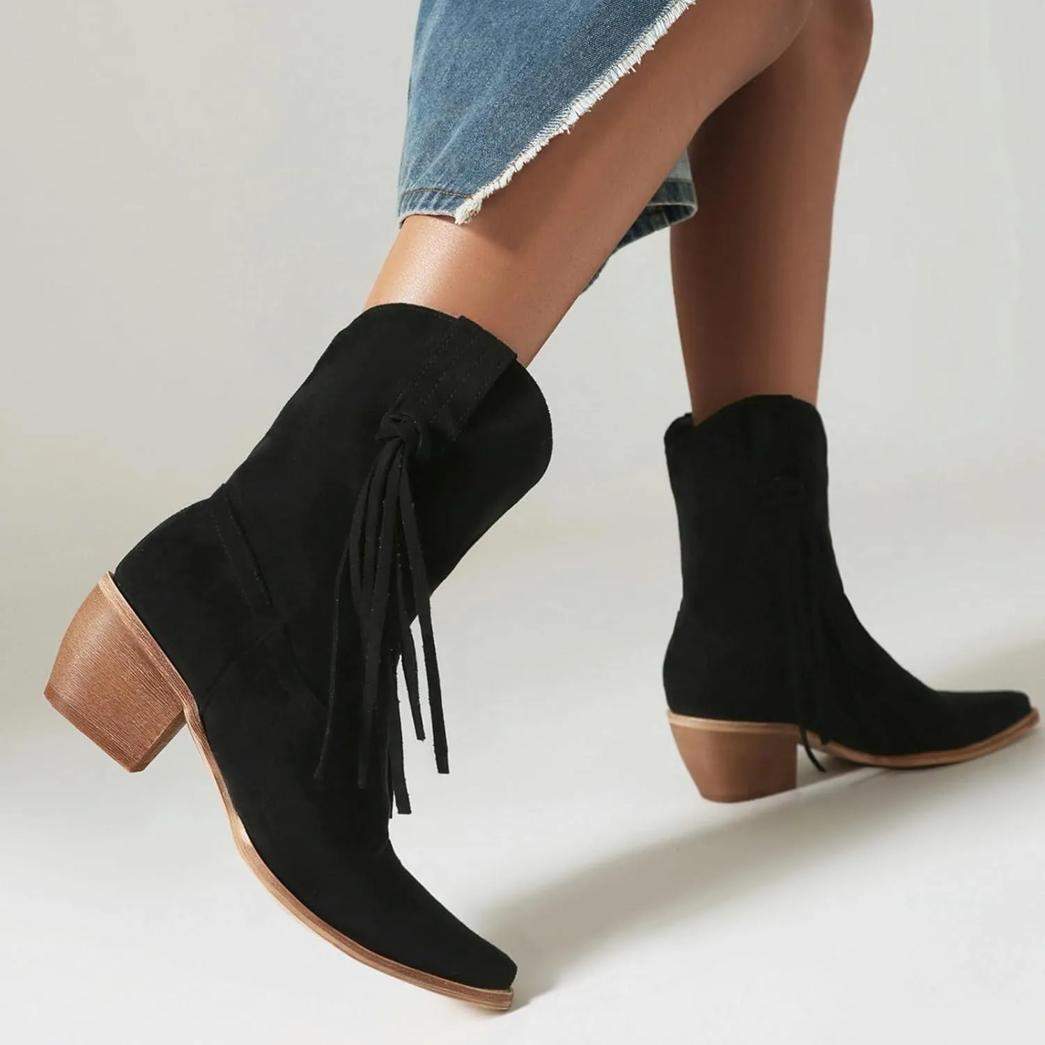 Alsoloveu Ankle Cowboy Boots for Women Suede Snip Toe Chunky Heel Western Boots