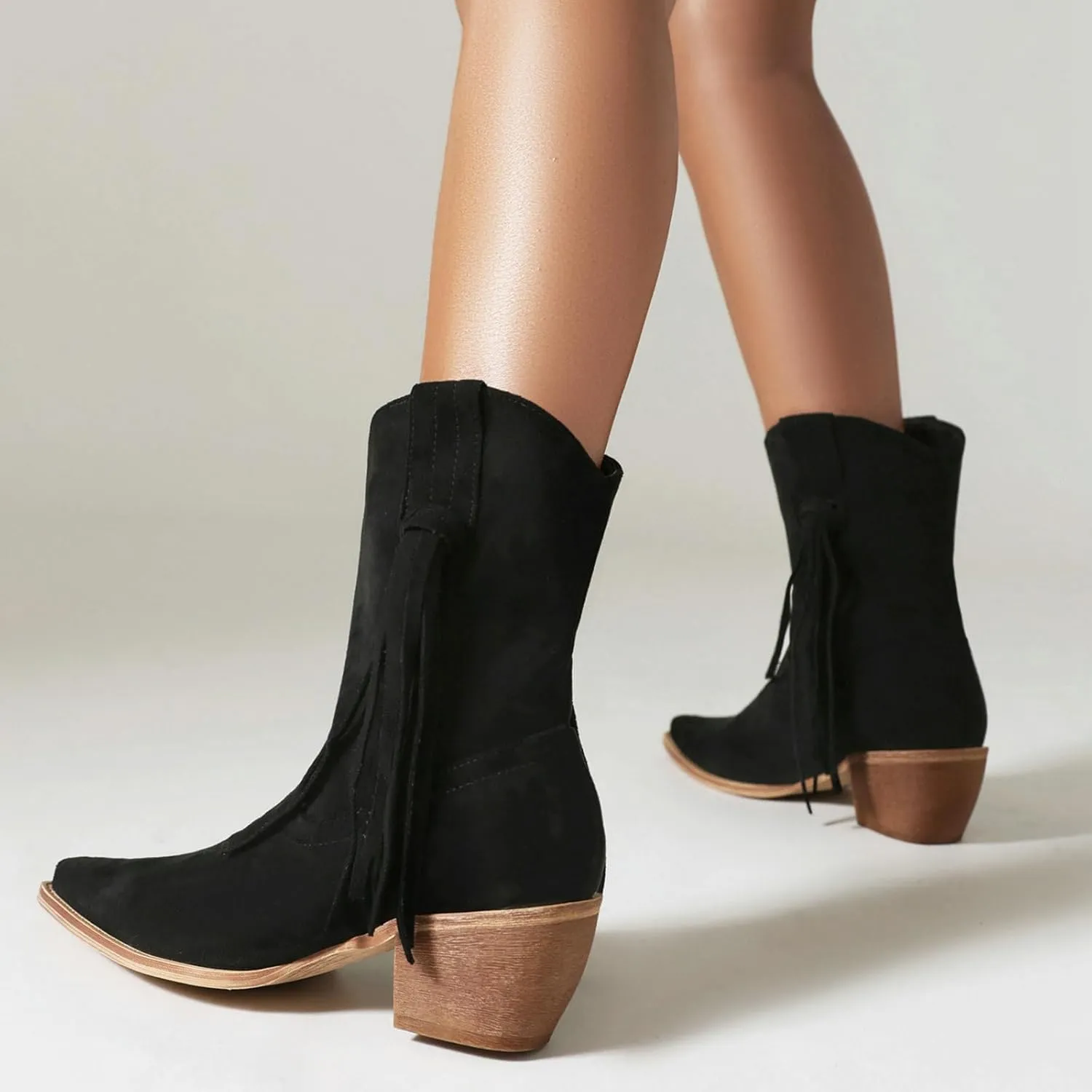 Alsoloveu Ankle Cowboy Boots for Women Suede Snip Toe Chunky Heel Western Boots
