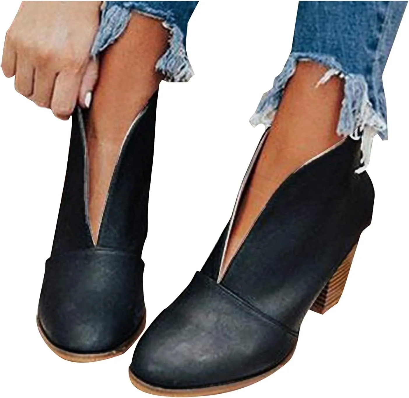 Ankle Boots for Women Front Deep V Cut Out Short Shoes Slip On Lightweight Comfort Non-Slip Chunky Stacked Heel Booties