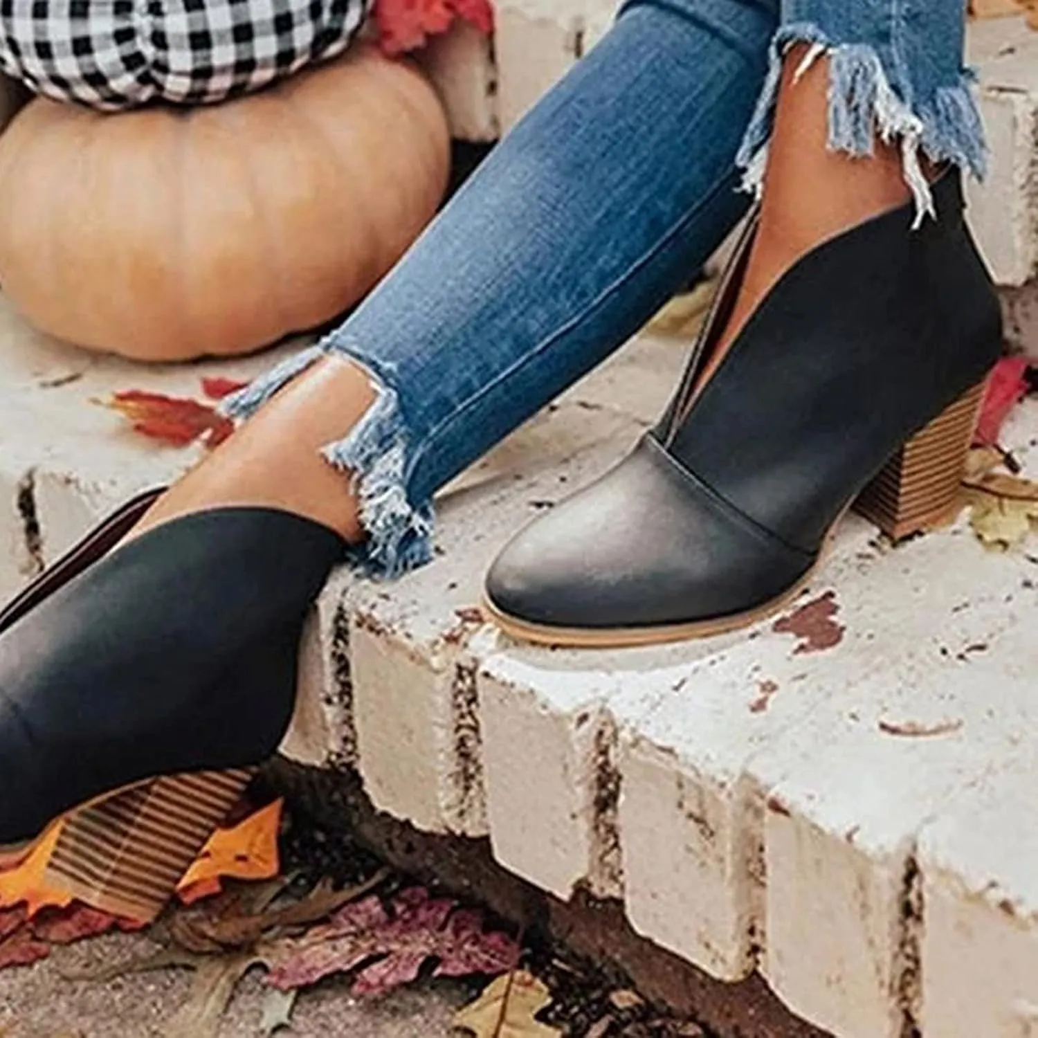 Ankle Boots for Women Front Deep V Cut Out Short Shoes Slip On Lightweight Comfort Non-Slip Chunky Stacked Heel Booties