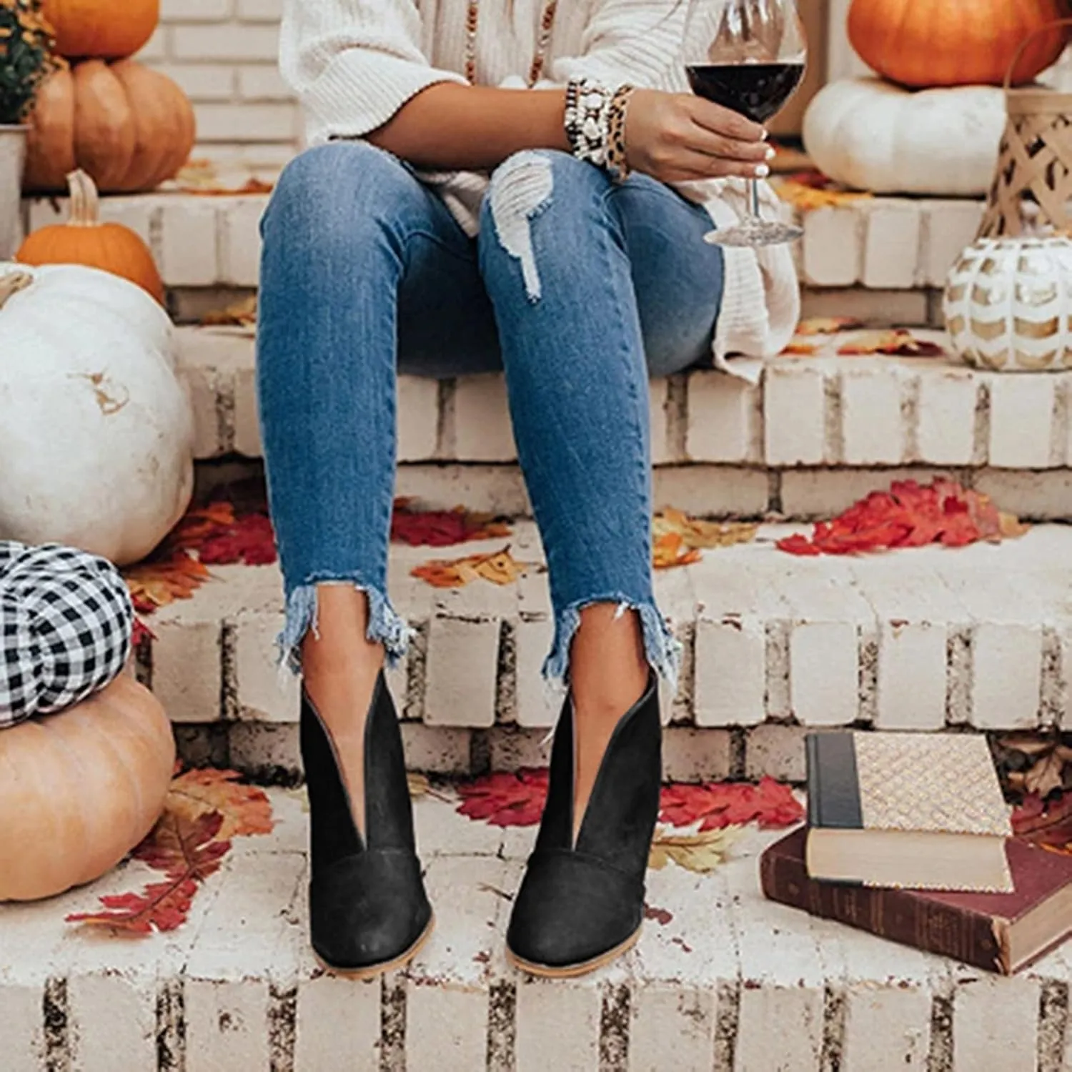 Ankle Boots for Women Front Deep V Cut Out Short Shoes Slip On Lightweight Comfort Non-Slip Chunky Stacked Heel Booties