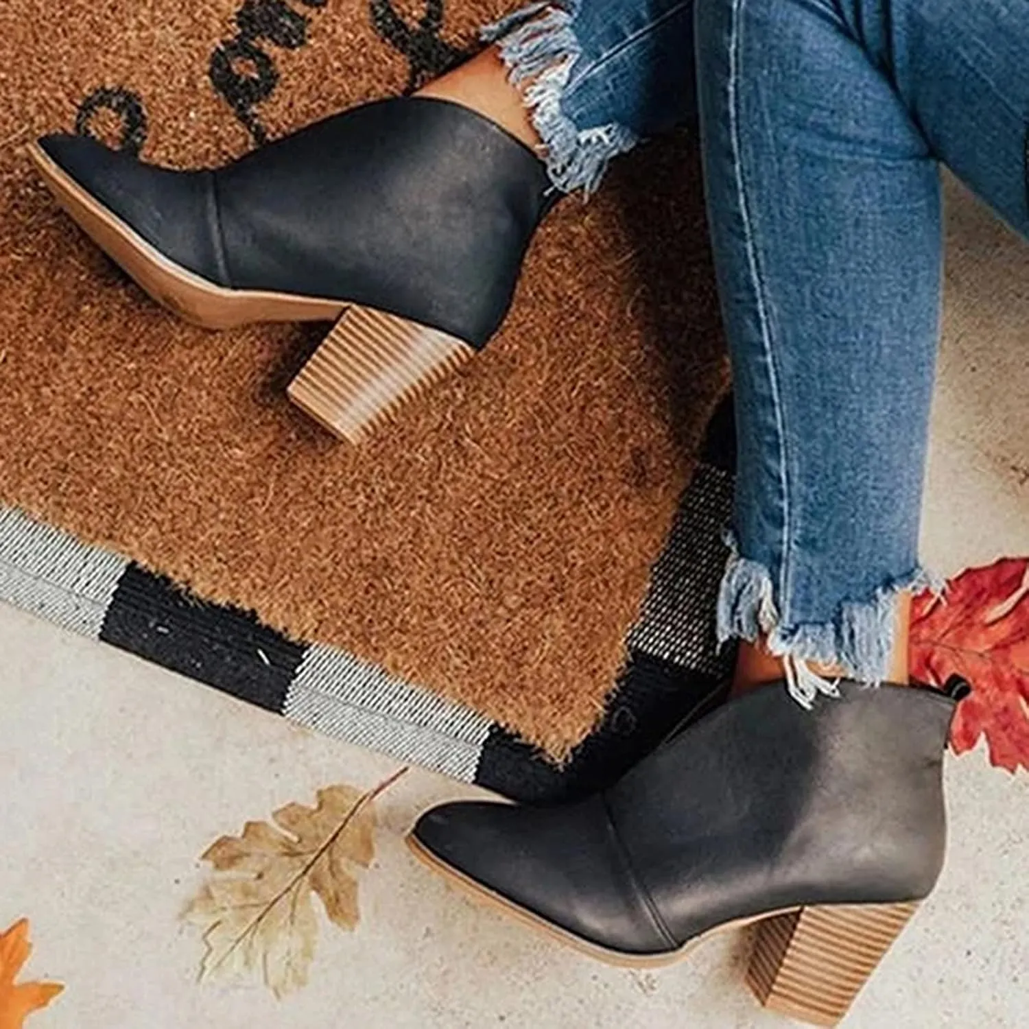 Ankle Boots for Women Front Deep V Cut Out Short Shoes Slip On Lightweight Comfort Non-Slip Chunky Stacked Heel Booties