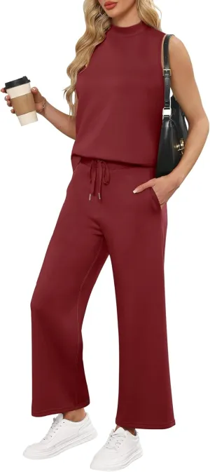 ANRABESS Women 2 Piece Outfits Summer Lounge Sets Mock Neck Top Wide Leg Pants Casual Fashion Tracksuit 2025 Travel Clothes