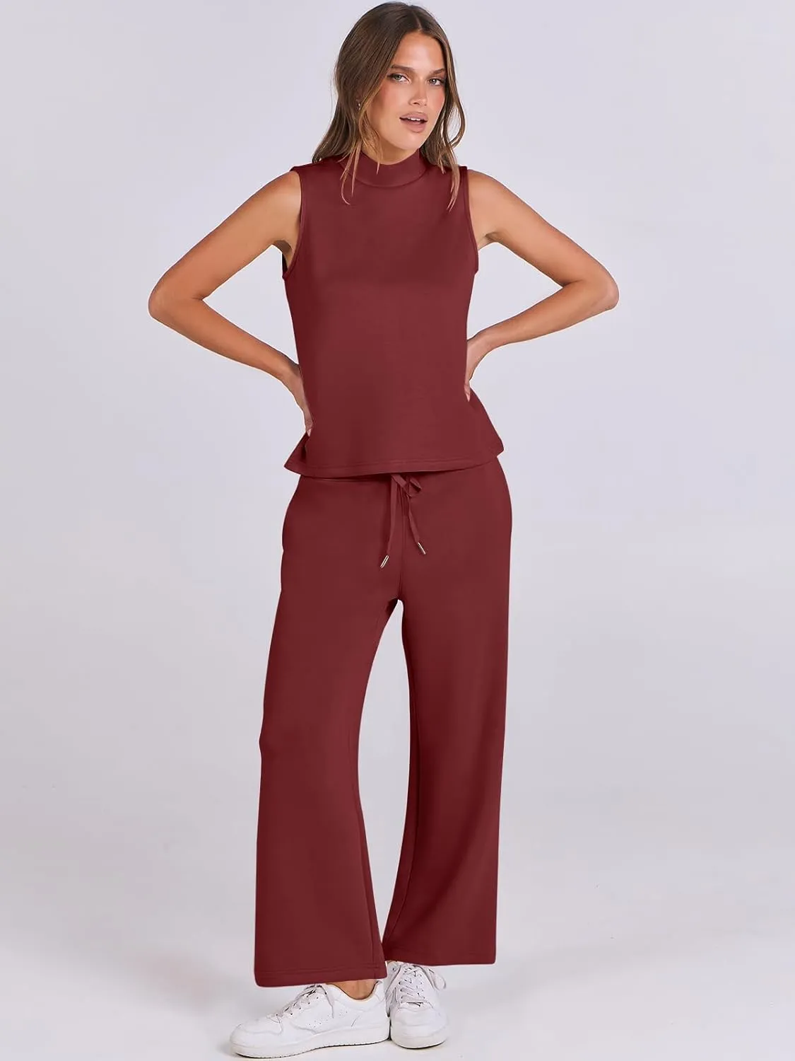 ANRABESS Women 2 Piece Outfits Summer Lounge Sets Mock Neck Top Wide Leg Pants Casual Fashion Tracksuit 2025 Travel Clothes
