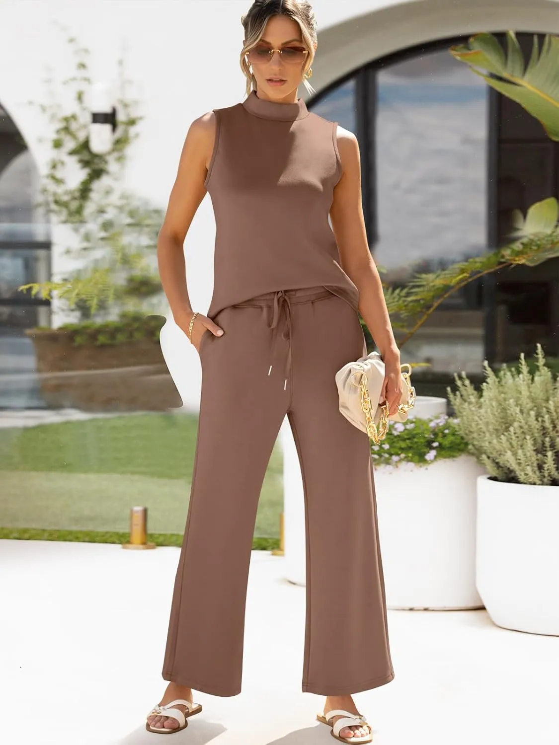 ANRABESS Women 2 Piece Outfits Summer Lounge Sets Mock Neck Top Wide Leg Pants Casual Fashion Tracksuit 2025 Travel Clothes