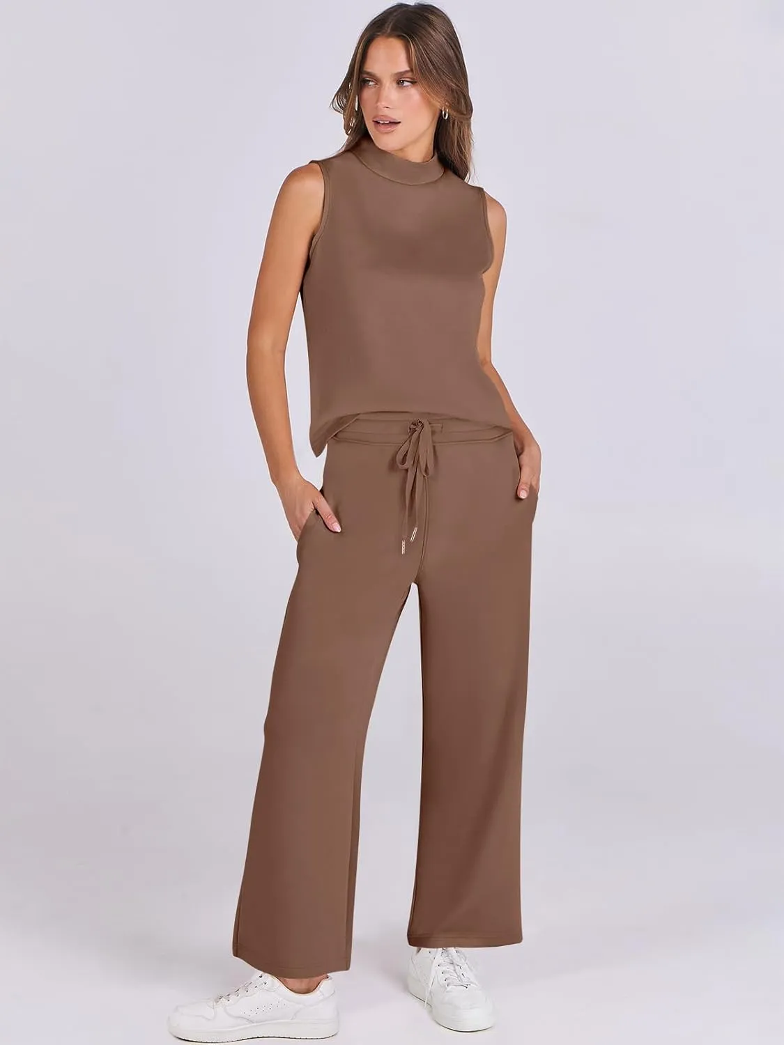 ANRABESS Women 2 Piece Outfits Summer Lounge Sets Mock Neck Top Wide Leg Pants Casual Fashion Tracksuit 2025 Travel Clothes