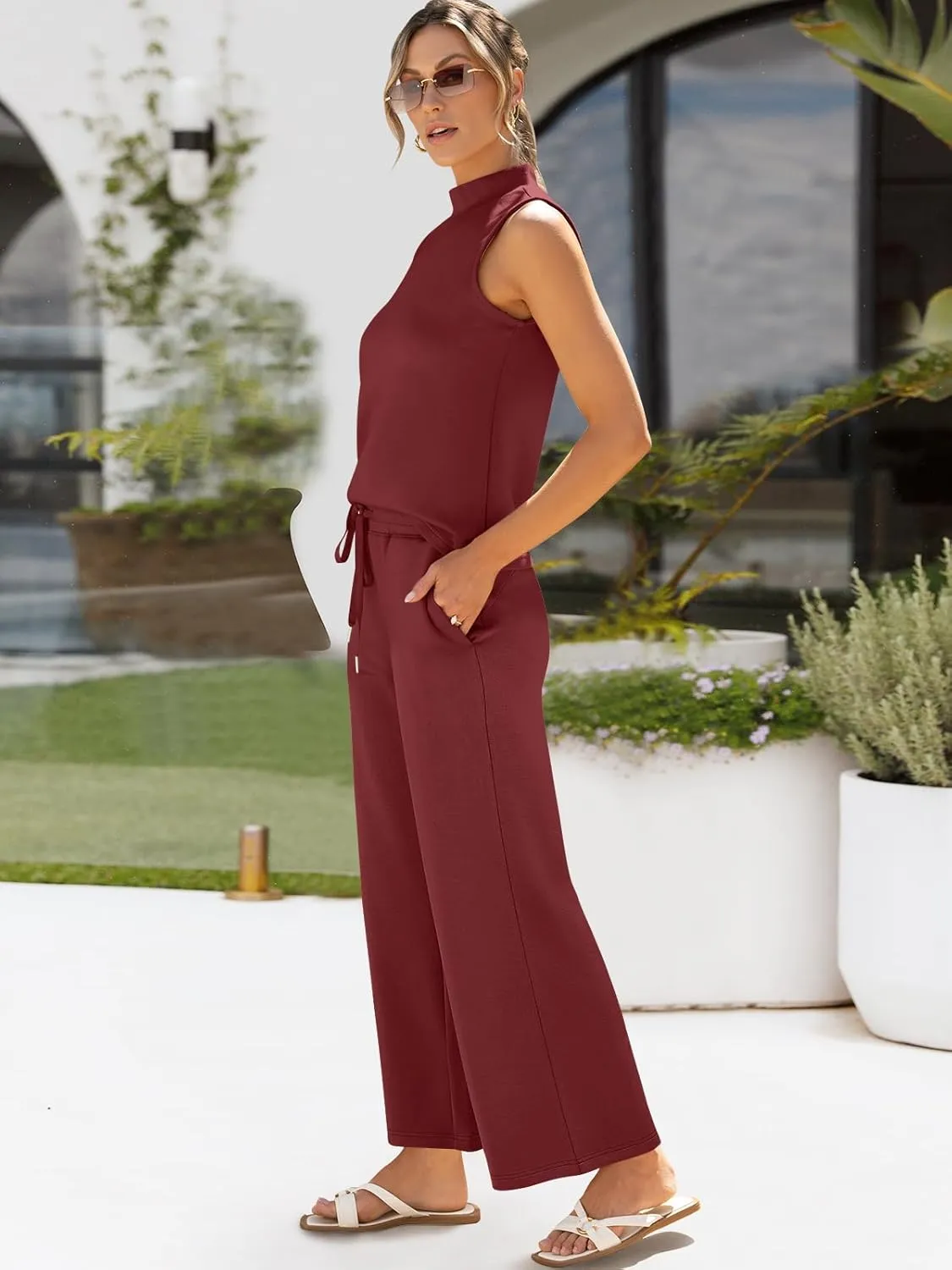 ANRABESS Women 2 Piece Outfits Summer Lounge Sets Mock Neck Top Wide Leg Pants Casual Fashion Tracksuit 2025 Travel Clothes