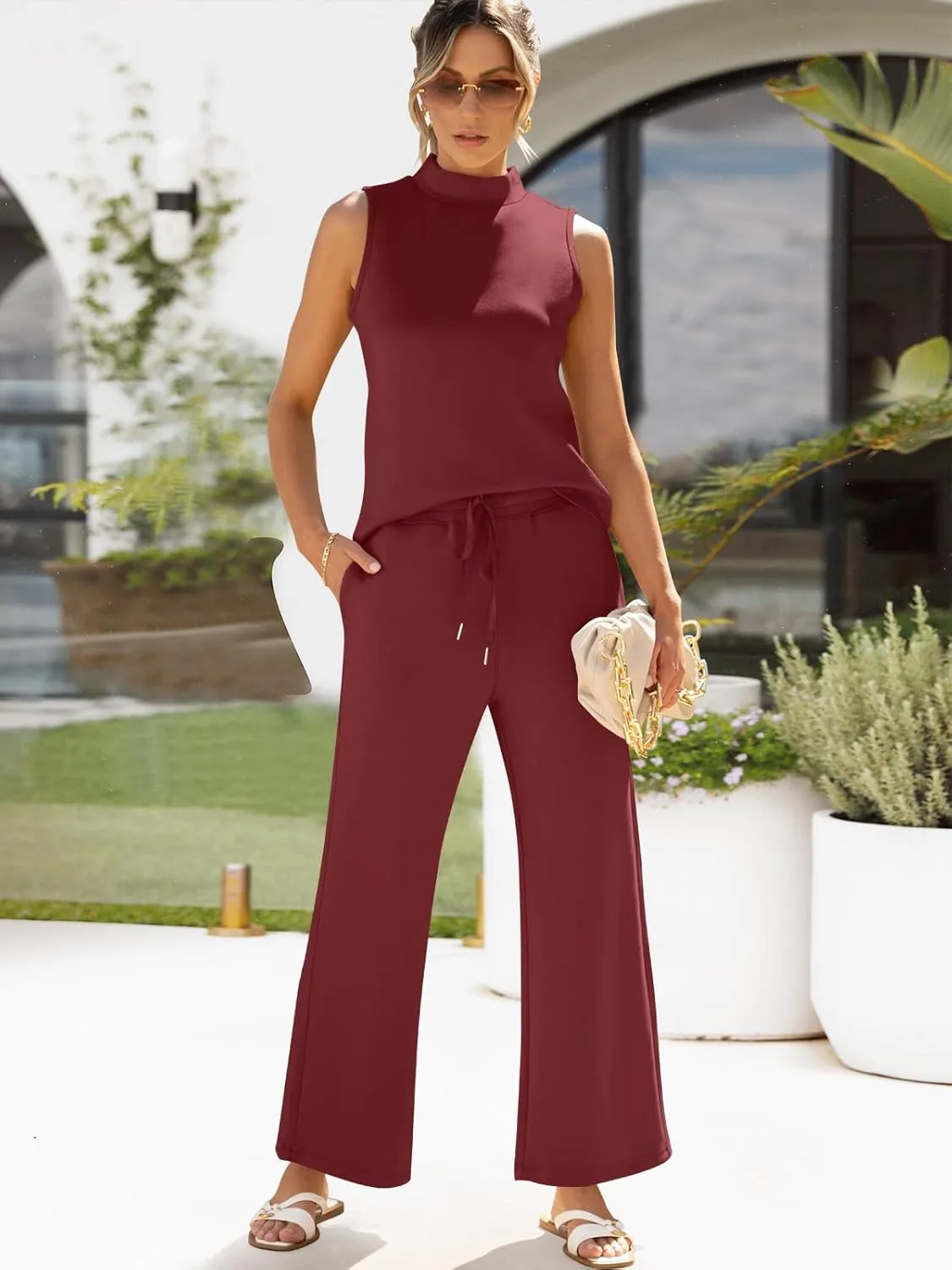 ANRABESS Women 2 Piece Outfits Summer Lounge Sets Mock Neck Top Wide Leg Pants Casual Fashion Tracksuit 2025 Travel Clothes