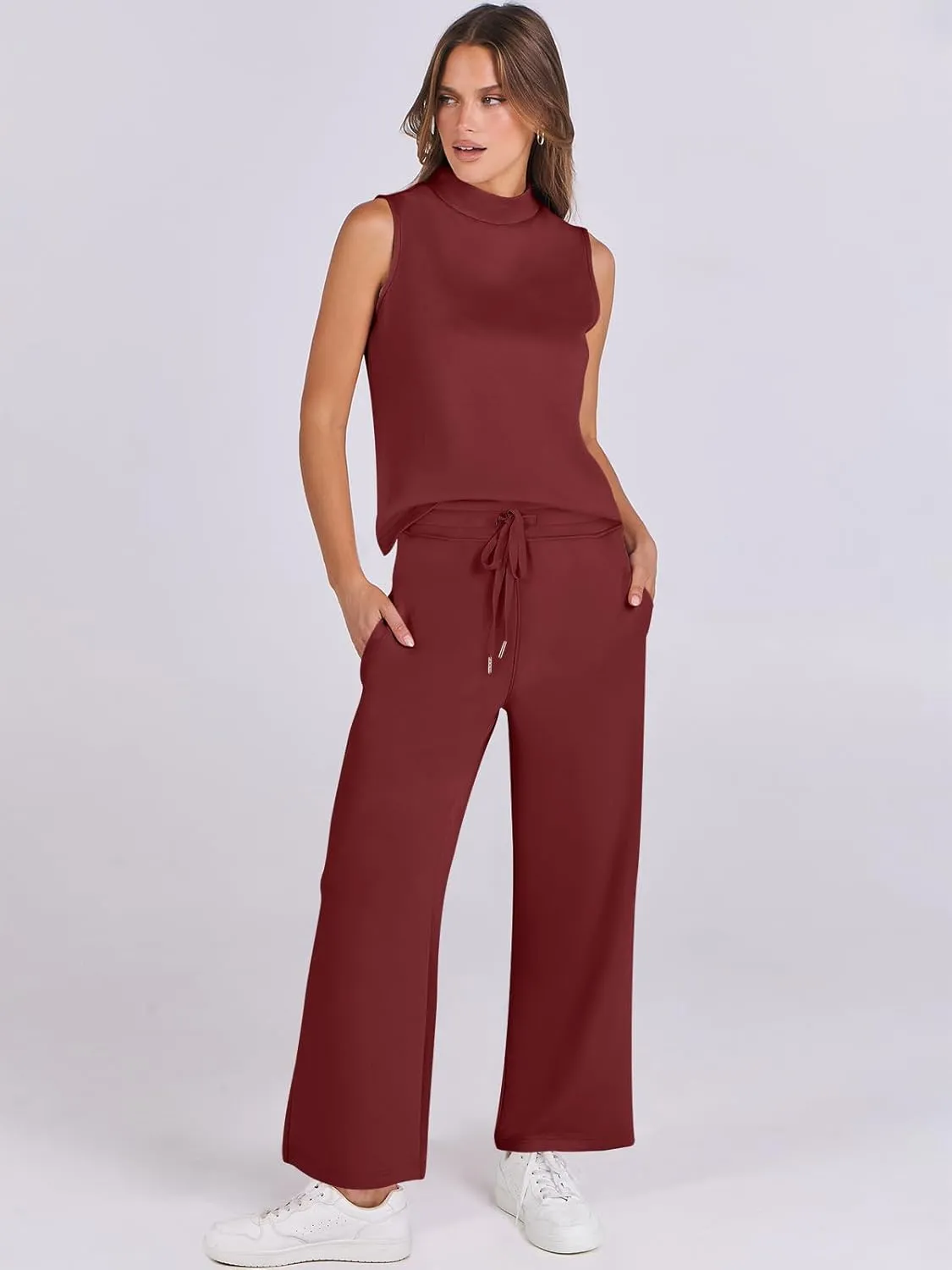 ANRABESS Women 2 Piece Outfits Summer Lounge Sets Mock Neck Top Wide Leg Pants Casual Fashion Tracksuit 2025 Travel Clothes