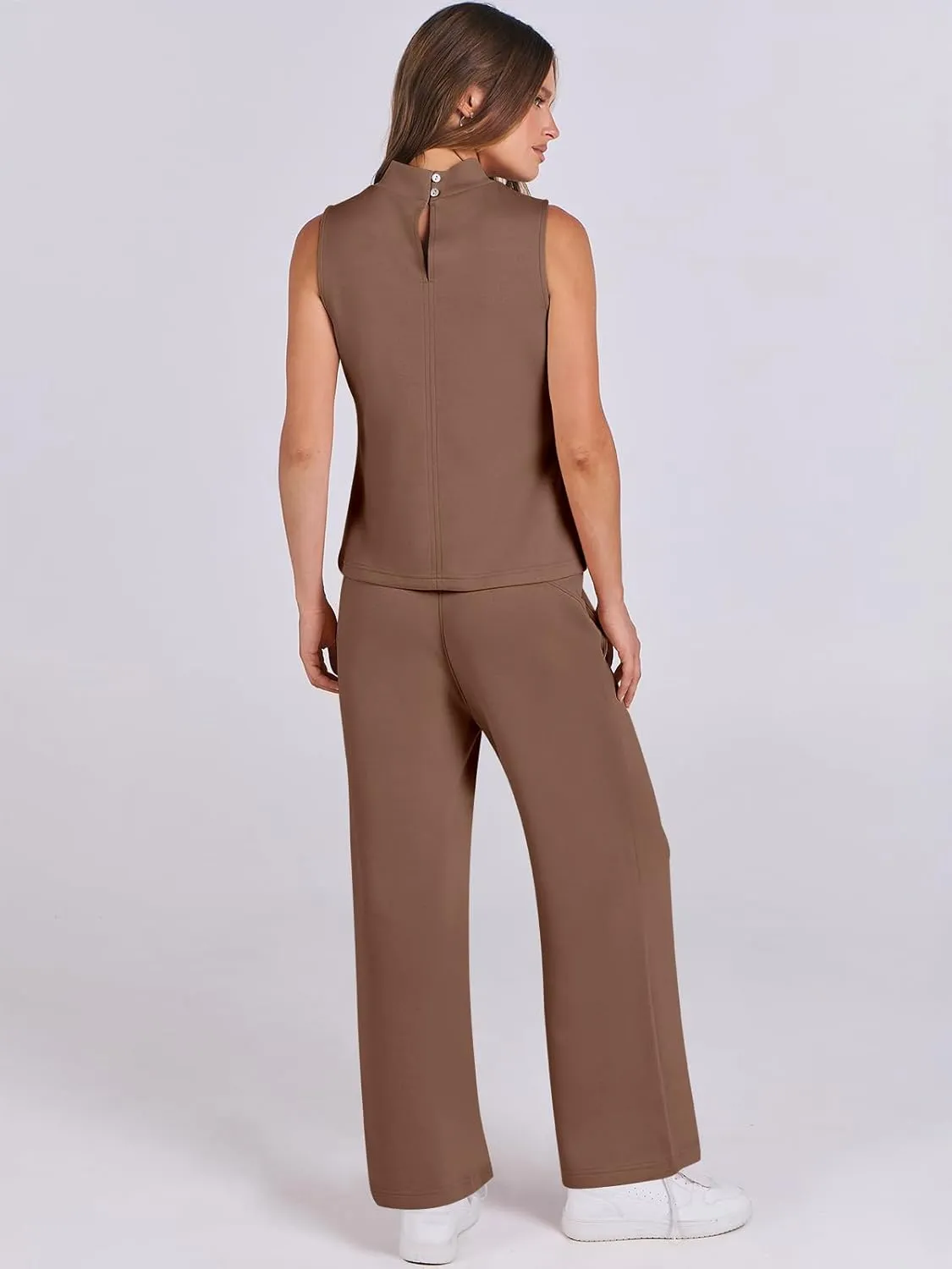 ANRABESS Women 2 Piece Outfits Summer Lounge Sets Mock Neck Top Wide Leg Pants Casual Fashion Tracksuit 2025 Travel Clothes