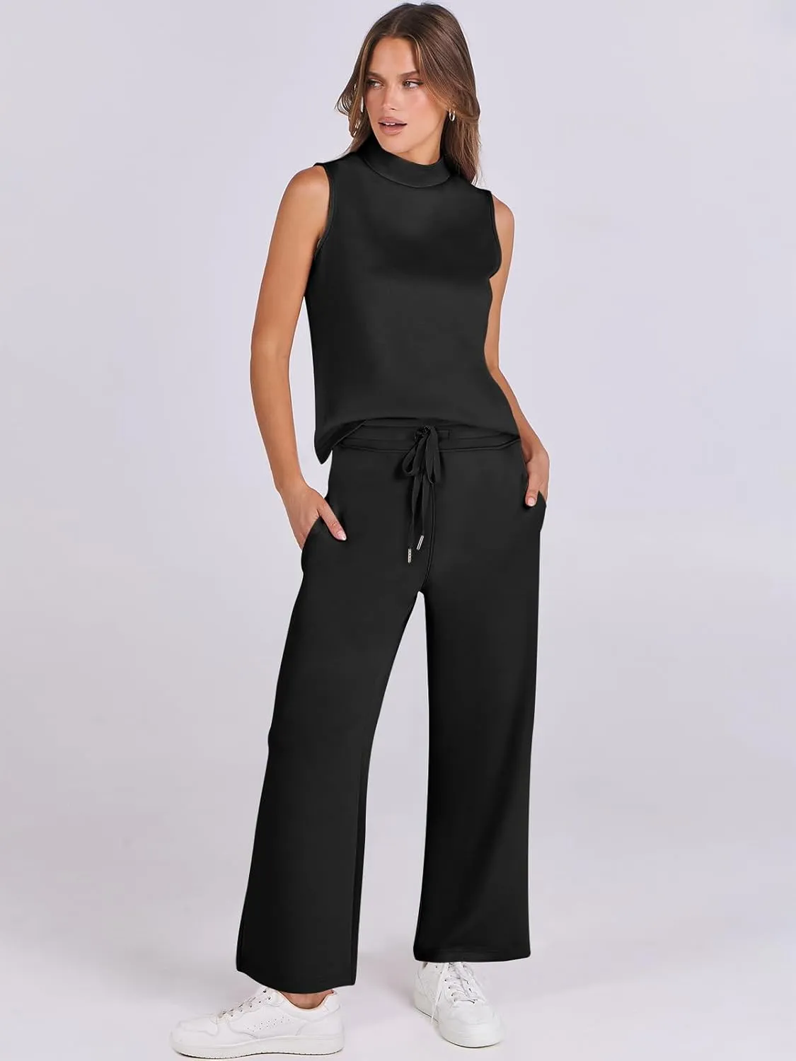 ANRABESS Women 2 Piece Outfits Summer Lounge Sets Mock Neck Top Wide Leg Pants Casual Fashion Tracksuit 2025 Travel Clothes