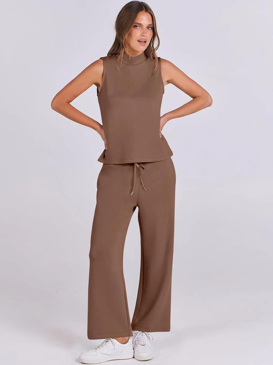 ANRABESS Women 2 Piece Outfits Summer Lounge Sets Mock Neck Top Wide Leg Pants Casual Fashion Tracksuit 2025 Travel Clothes