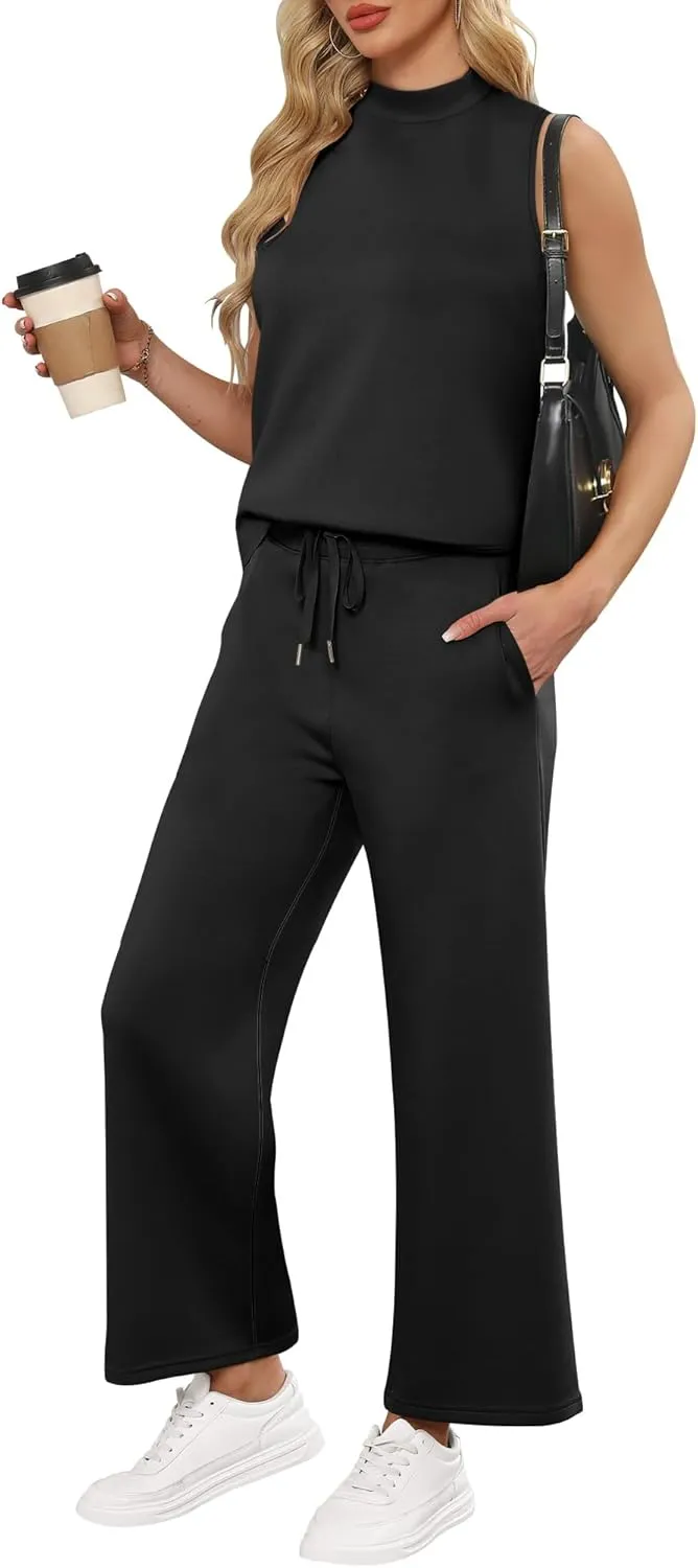 ANRABESS Women 2 Piece Outfits Summer Lounge Sets Mock Neck Top Wide Leg Pants Casual Fashion Tracksuit 2025 Travel Clothes