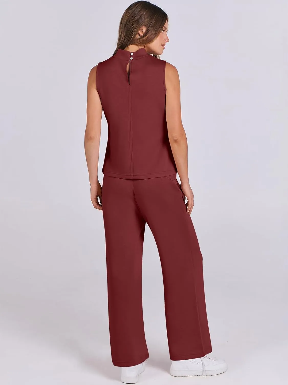 ANRABESS Women 2 Piece Outfits Summer Lounge Sets Mock Neck Top Wide Leg Pants Casual Fashion Tracksuit 2025 Travel Clothes