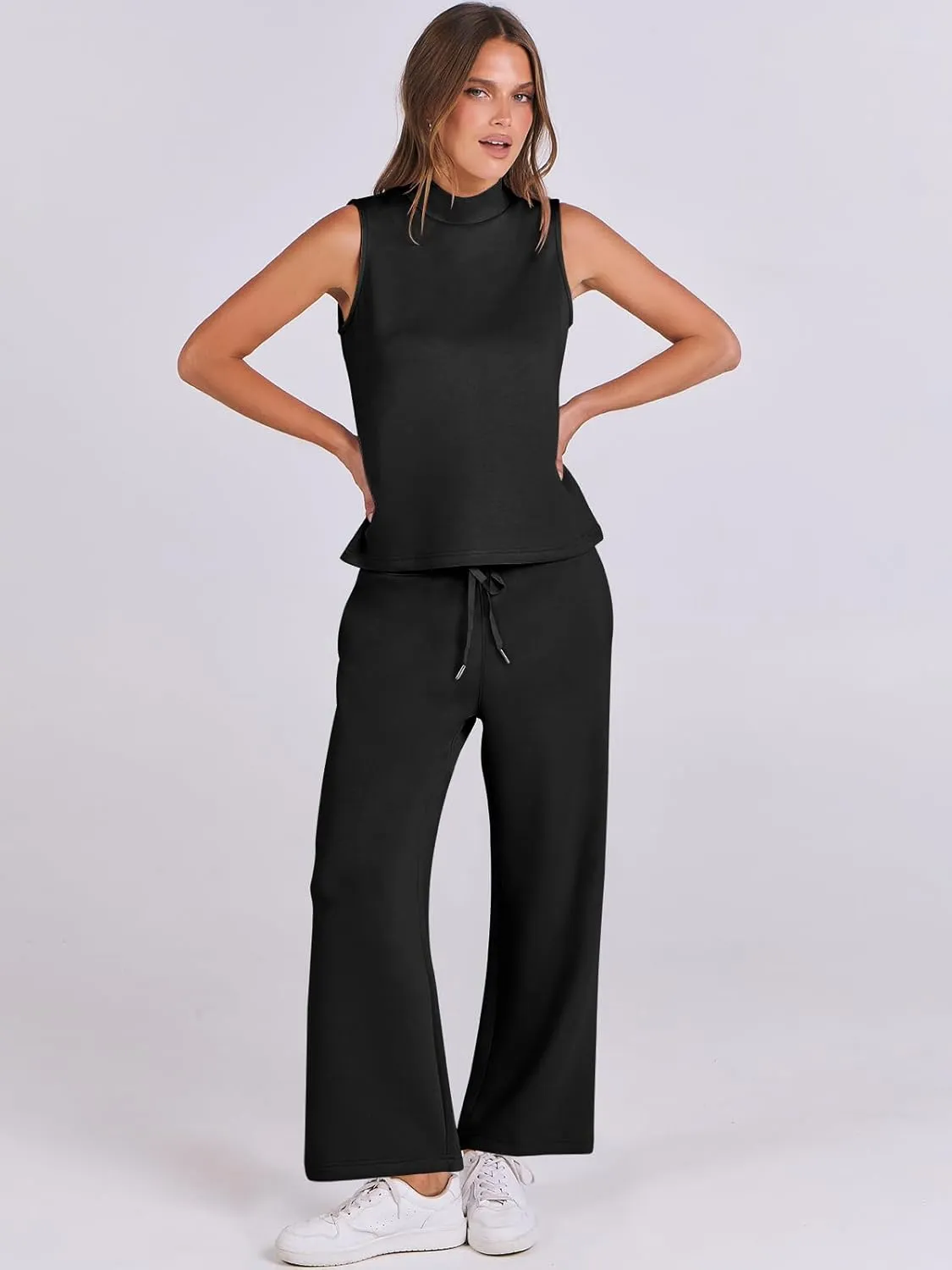 ANRABESS Women 2 Piece Outfits Summer Lounge Sets Mock Neck Top Wide Leg Pants Casual Fashion Tracksuit 2025 Travel Clothes