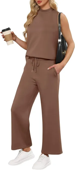 ANRABESS Women 2 Piece Outfits Summer Lounge Sets Mock Neck Top Wide Leg Pants Casual Fashion Tracksuit 2025 Travel Clothes