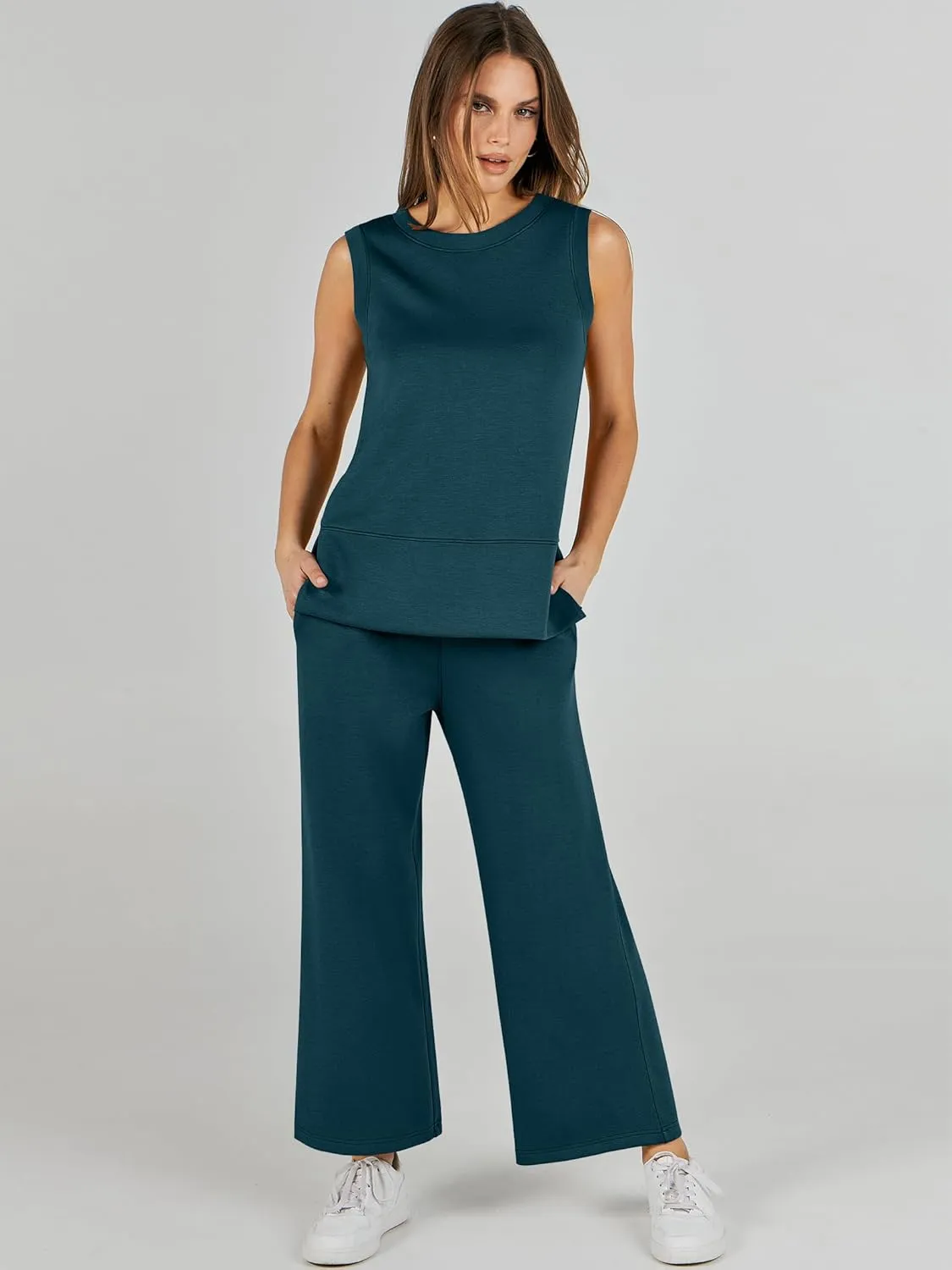 ANRABESS Women's 2 Piece Sets Summer Travel Airplane Outfits Sleeveless Wide Leg Casual Lounge Matching Sweat Set Sweatsuits