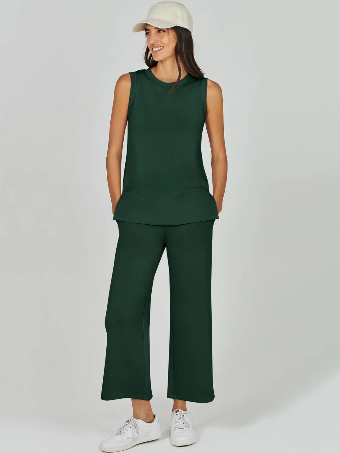ANRABESS Women's 2 Piece Sets Summer Travel Airplane Outfits Sleeveless Wide Leg Casual Lounge Matching Sweat Set Sweatsuits