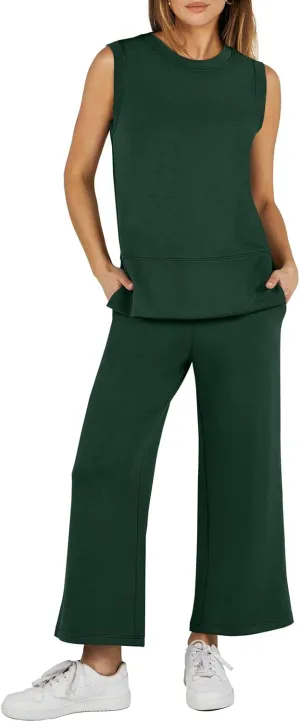 ANRABESS Women's 2 Piece Sets Summer Travel Airplane Outfits Sleeveless Wide Leg Casual Lounge Matching Sweat Set Sweatsuits