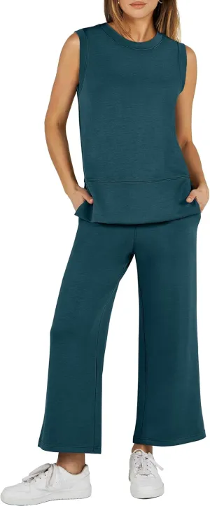 ANRABESS Women's 2 Piece Sets Summer Travel Airplane Outfits Sleeveless Wide Leg Casual Lounge Matching Sweat Set Sweatsuits