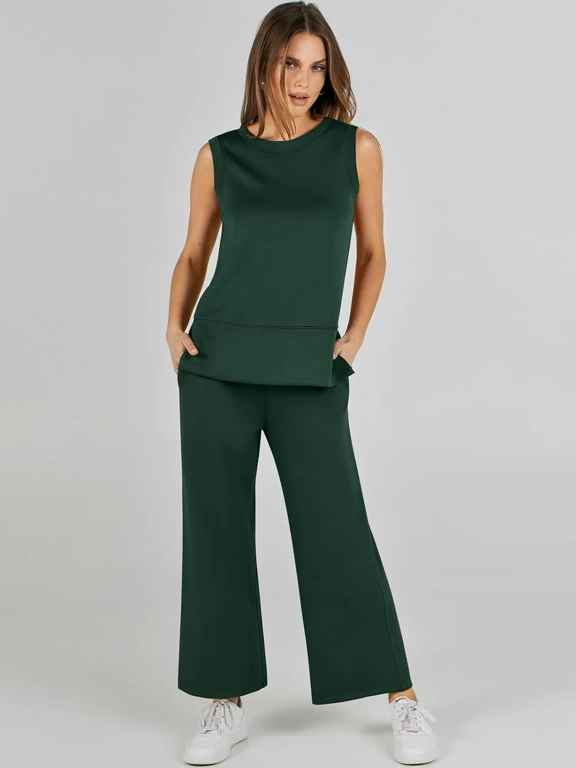 ANRABESS Women's 2 Piece Sets Summer Travel Airplane Outfits Sleeveless Wide Leg Casual Lounge Matching Sweat Set Sweatsuits