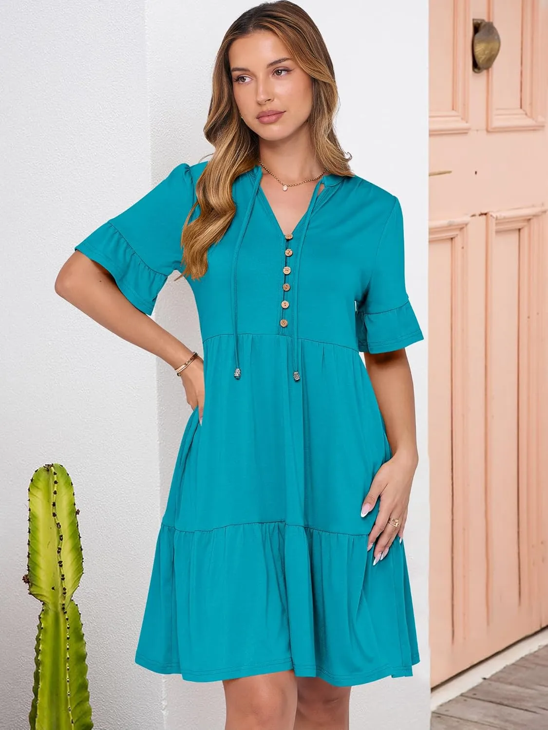 ANRABESS Womens Summer Casual Button Down Mini Dress Ruffle Short Sleeve V Neck Flowy A Line Tiered Beach Vacation Dresses