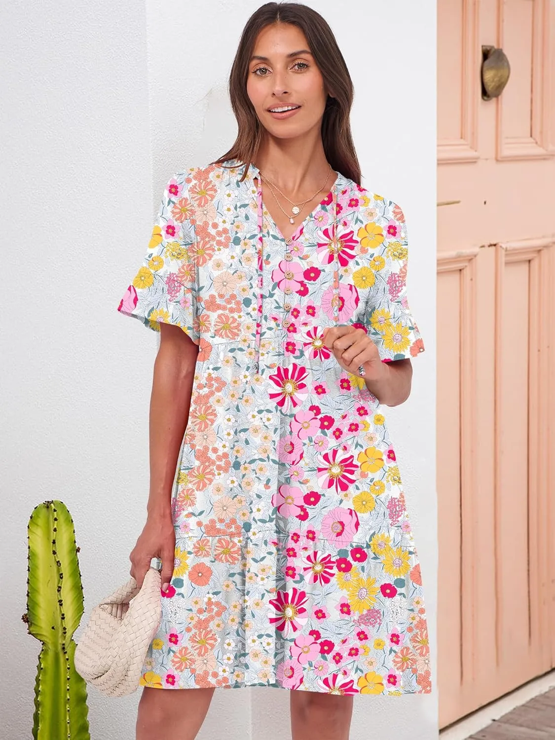 ANRABESS Womens Summer Casual Button Down Mini Dress Ruffle Short Sleeve V Neck Flowy A Line Tiered Beach Vacation Dresses