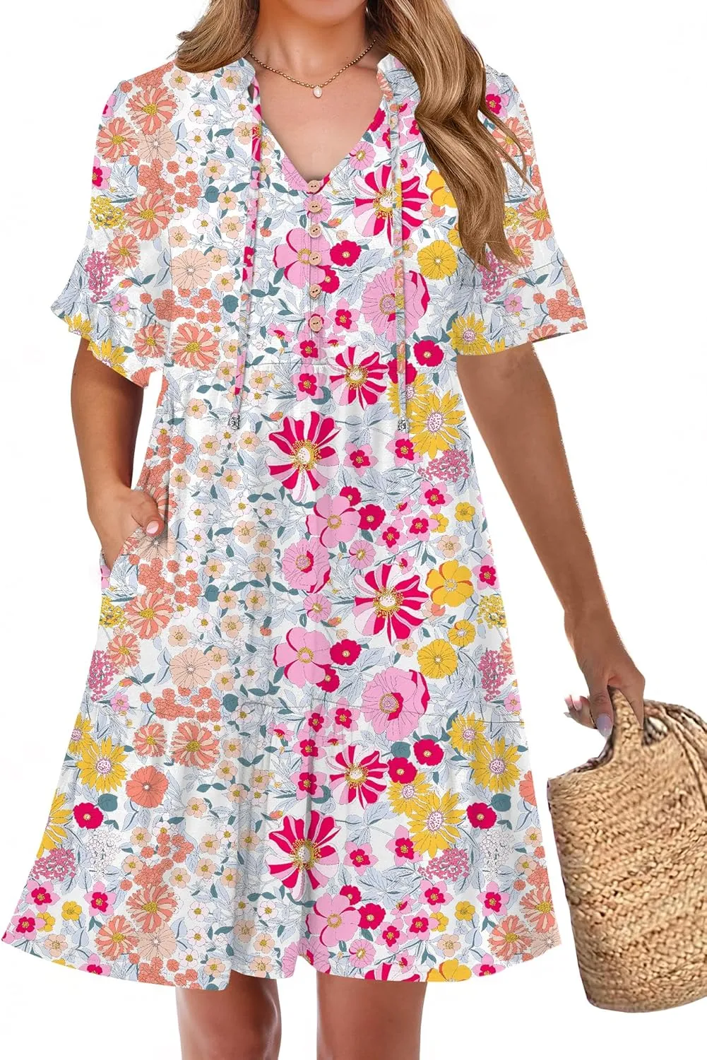 ANRABESS Womens Summer Casual Button Down Mini Dress Ruffle Short Sleeve V Neck Flowy A Line Tiered Beach Vacation Dresses