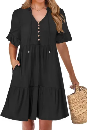 ANRABESS Womens Summer Casual Button Down Mini Dress Ruffle Short Sleeve V Neck Flowy A Line Tiered Beach Vacation Dresses
