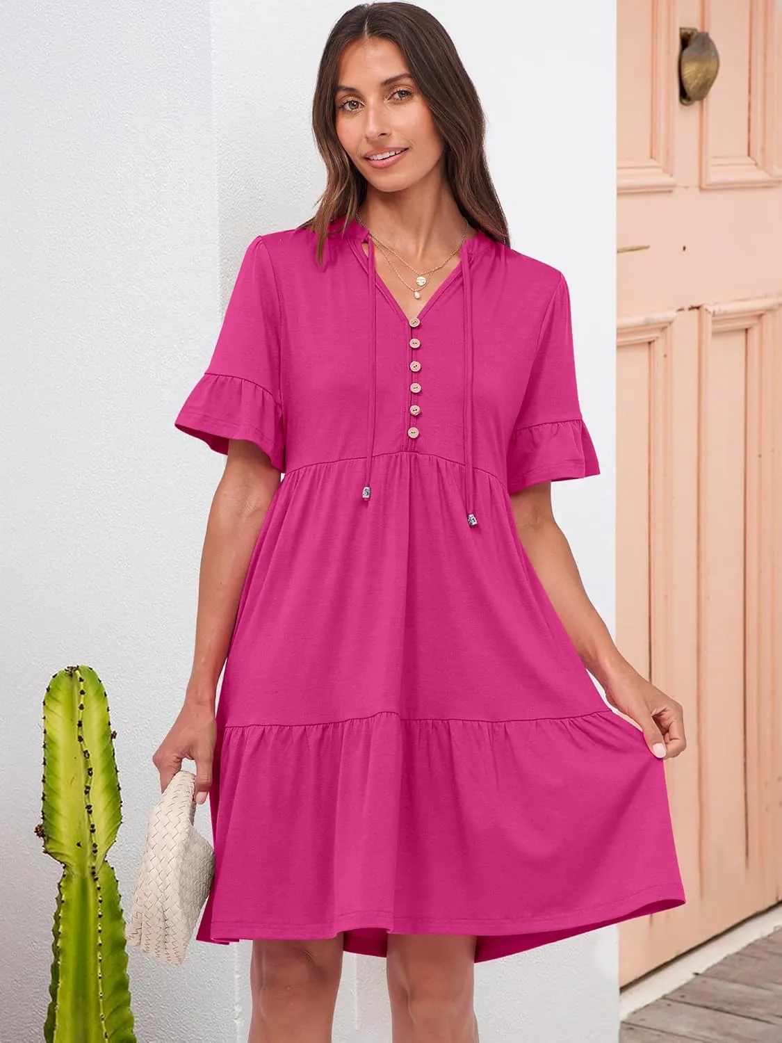 ANRABESS Womens Summer Casual Button Down Mini Dress Ruffle Short Sleeve V Neck Flowy A Line Tiered Beach Vacation Dresses