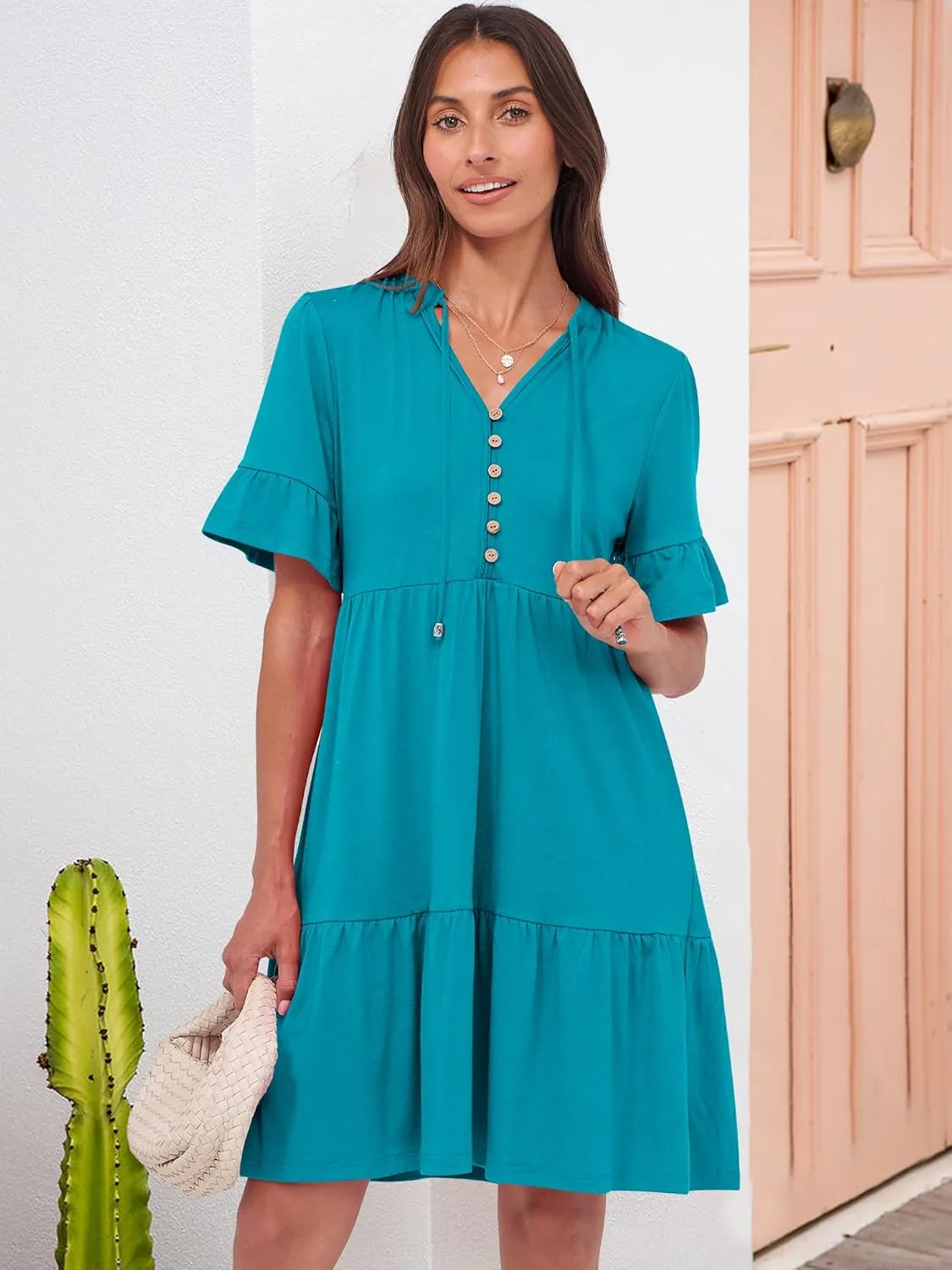 ANRABESS Womens Summer Casual Button Down Mini Dress Ruffle Short Sleeve V Neck Flowy A Line Tiered Beach Vacation Dresses