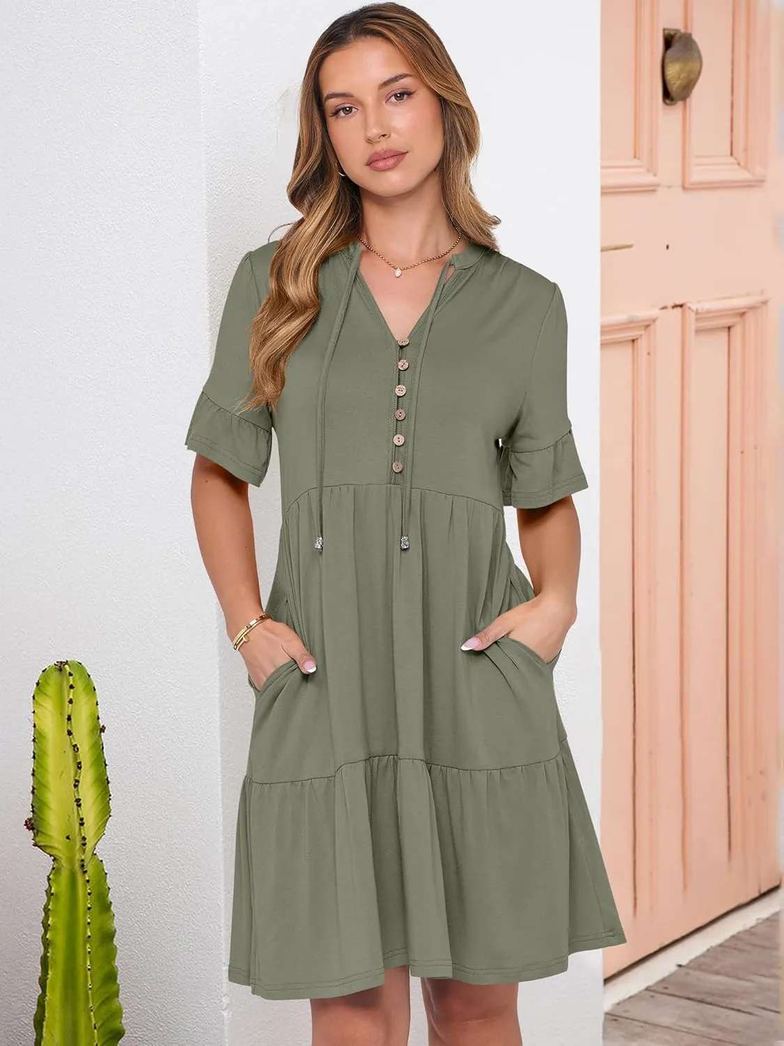 ANRABESS Womens Summer Casual Button Down Mini Dress Ruffle Short Sleeve V Neck Flowy A Line Tiered Beach Vacation Dresses