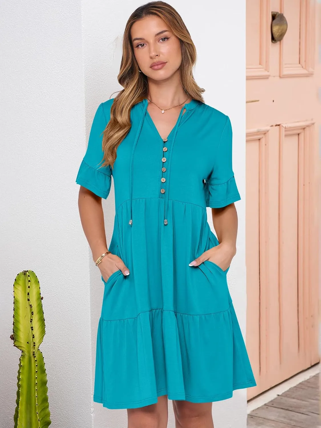 ANRABESS Womens Summer Casual Button Down Mini Dress Ruffle Short Sleeve V Neck Flowy A Line Tiered Beach Vacation Dresses