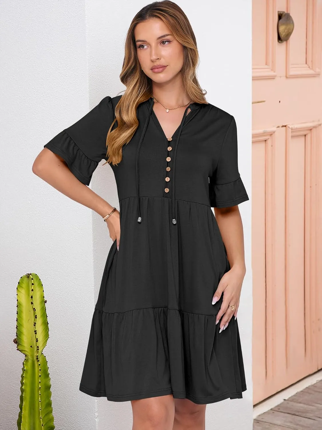 ANRABESS Womens Summer Casual Button Down Mini Dress Ruffle Short Sleeve V Neck Flowy A Line Tiered Beach Vacation Dresses