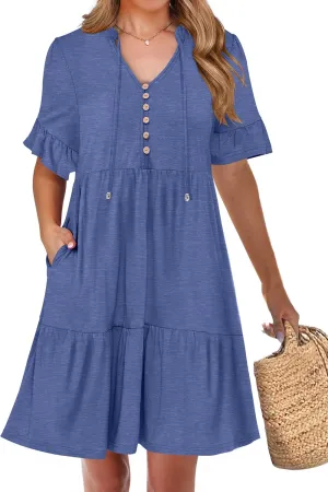 ANRABESS Womens Summer Casual Button Down Mini Dress Ruffle Short Sleeve V Neck Flowy A Line Tiered Beach Vacation Dresses