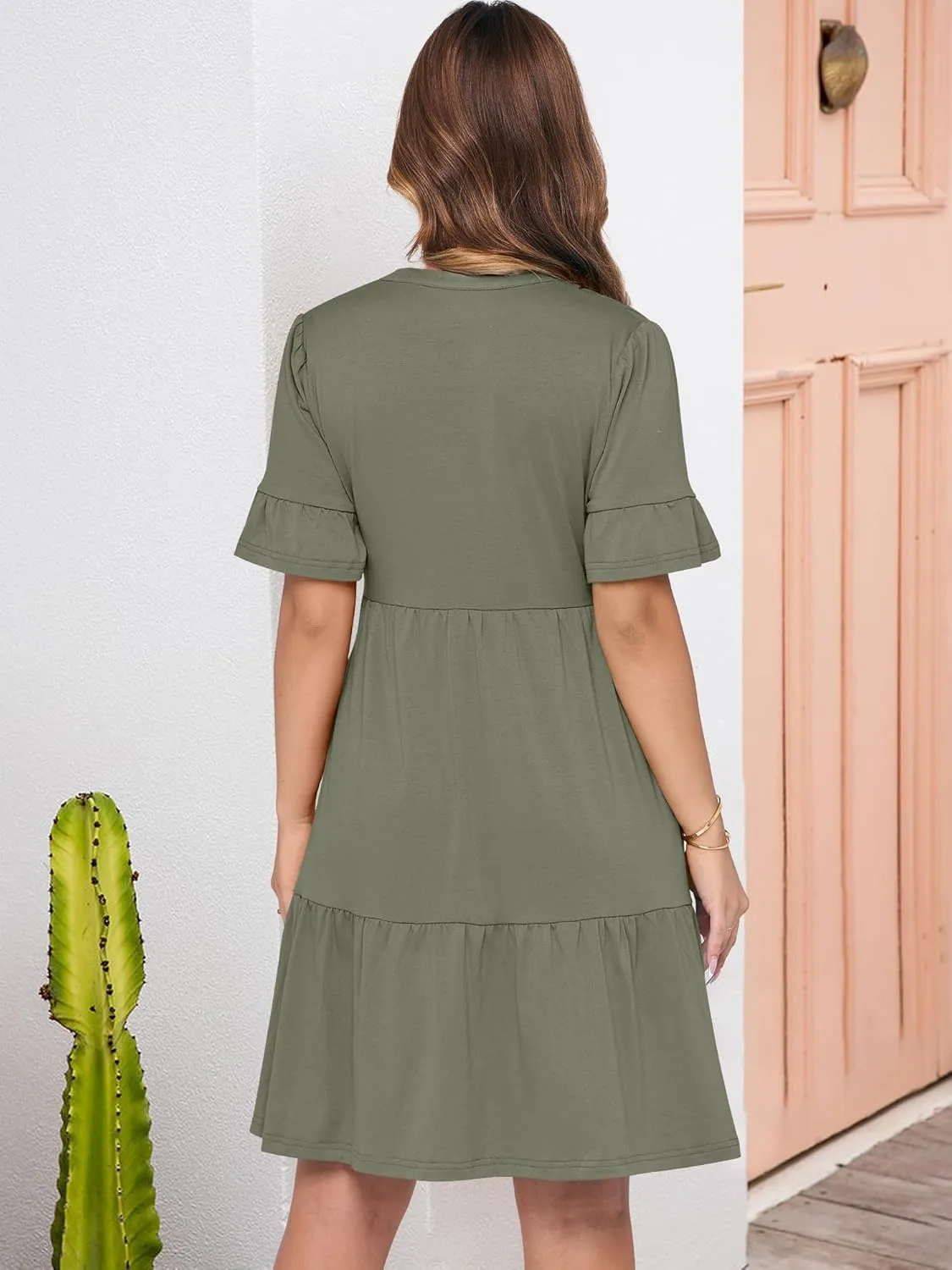 ANRABESS Womens Summer Casual Button Down Mini Dress Ruffle Short Sleeve V Neck Flowy A Line Tiered Beach Vacation Dresses