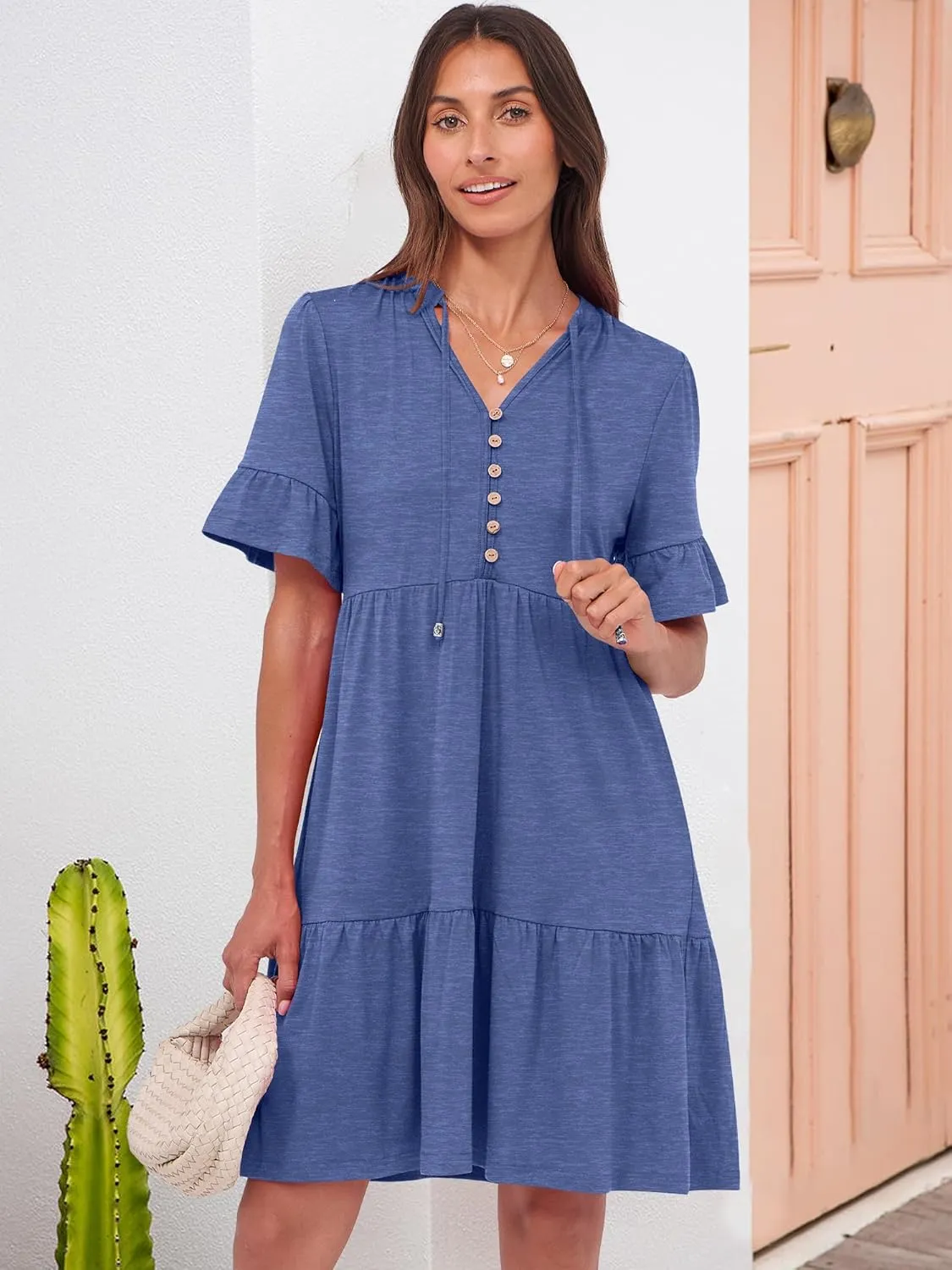 ANRABESS Womens Summer Casual Button Down Mini Dress Ruffle Short Sleeve V Neck Flowy A Line Tiered Beach Vacation Dresses