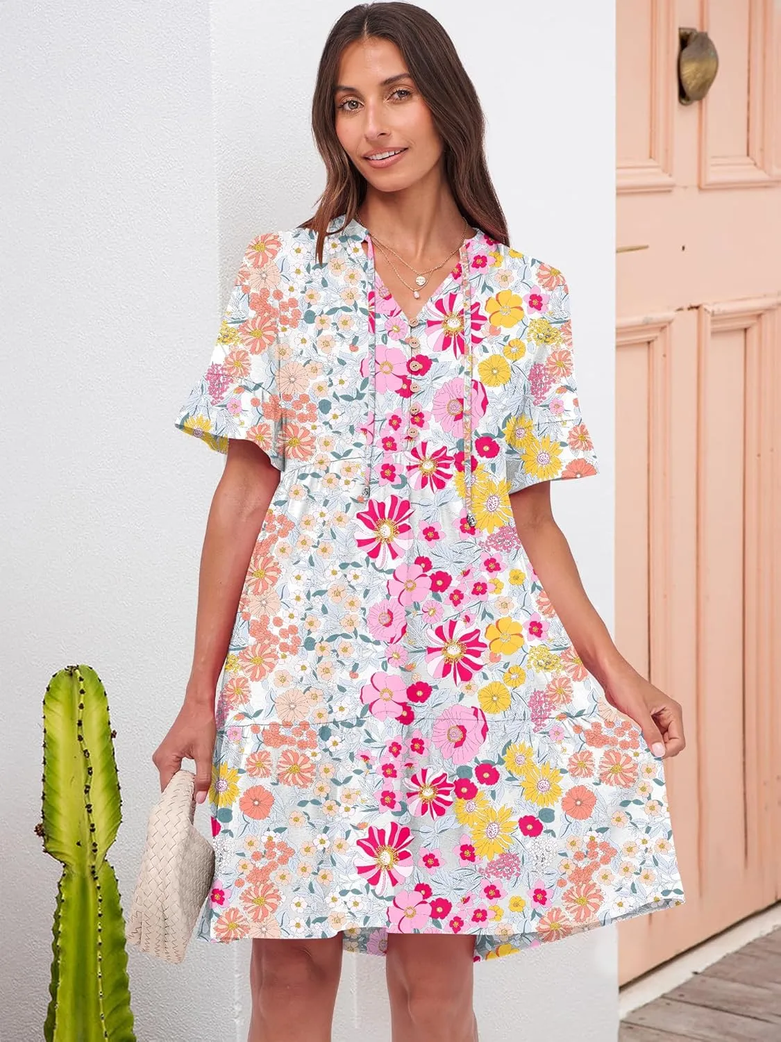 ANRABESS Womens Summer Casual Button Down Mini Dress Ruffle Short Sleeve V Neck Flowy A Line Tiered Beach Vacation Dresses