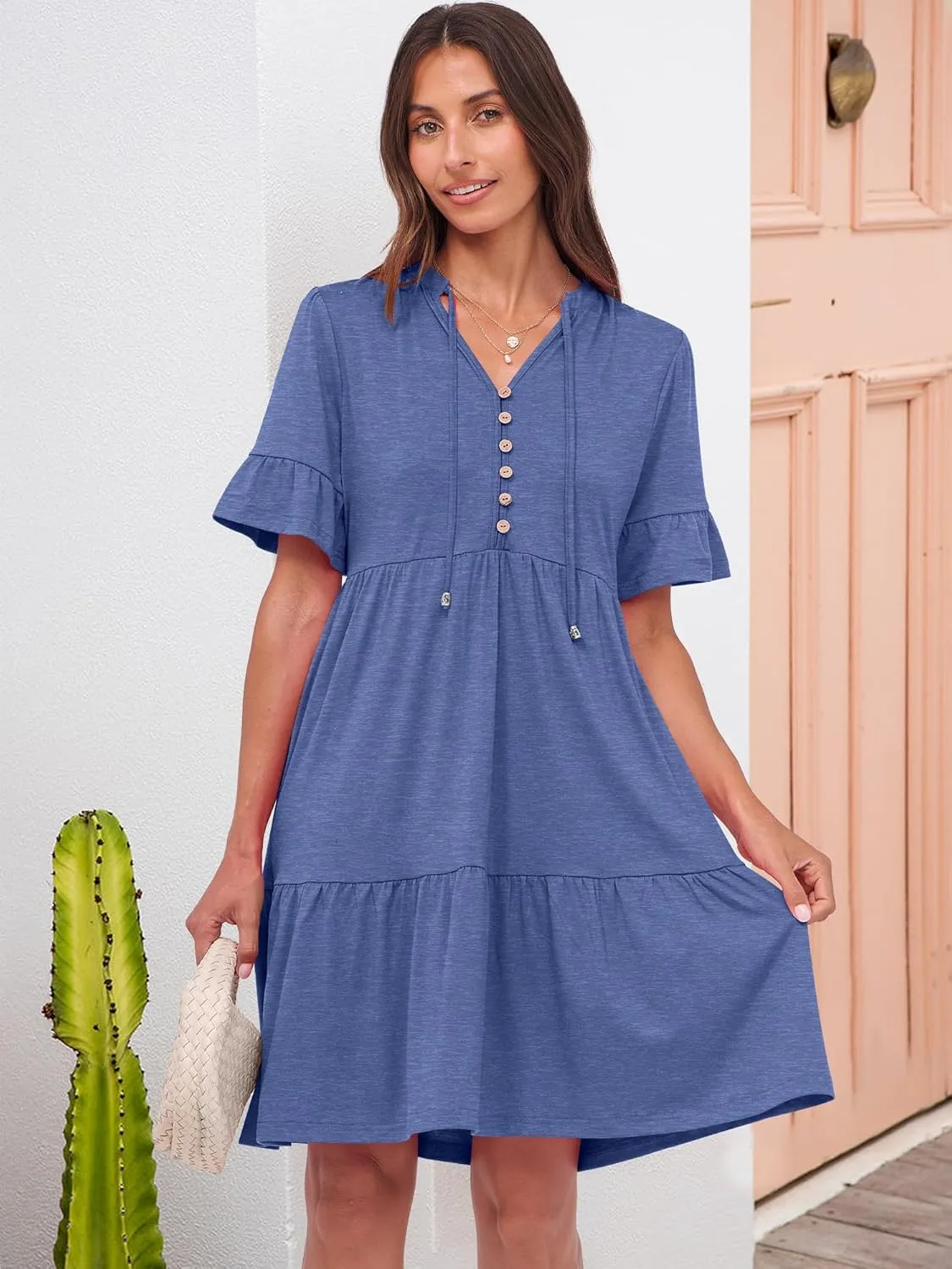 ANRABESS Womens Summer Casual Button Down Mini Dress Ruffle Short Sleeve V Neck Flowy A Line Tiered Beach Vacation Dresses