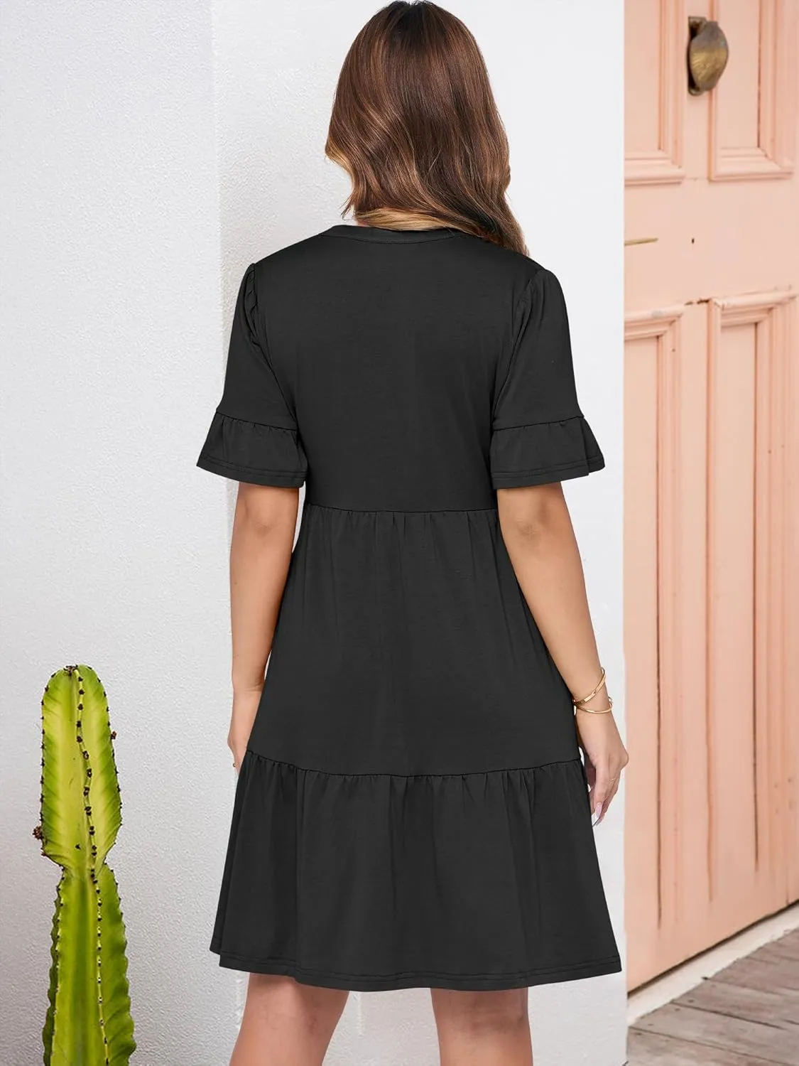 ANRABESS Womens Summer Casual Button Down Mini Dress Ruffle Short Sleeve V Neck Flowy A Line Tiered Beach Vacation Dresses