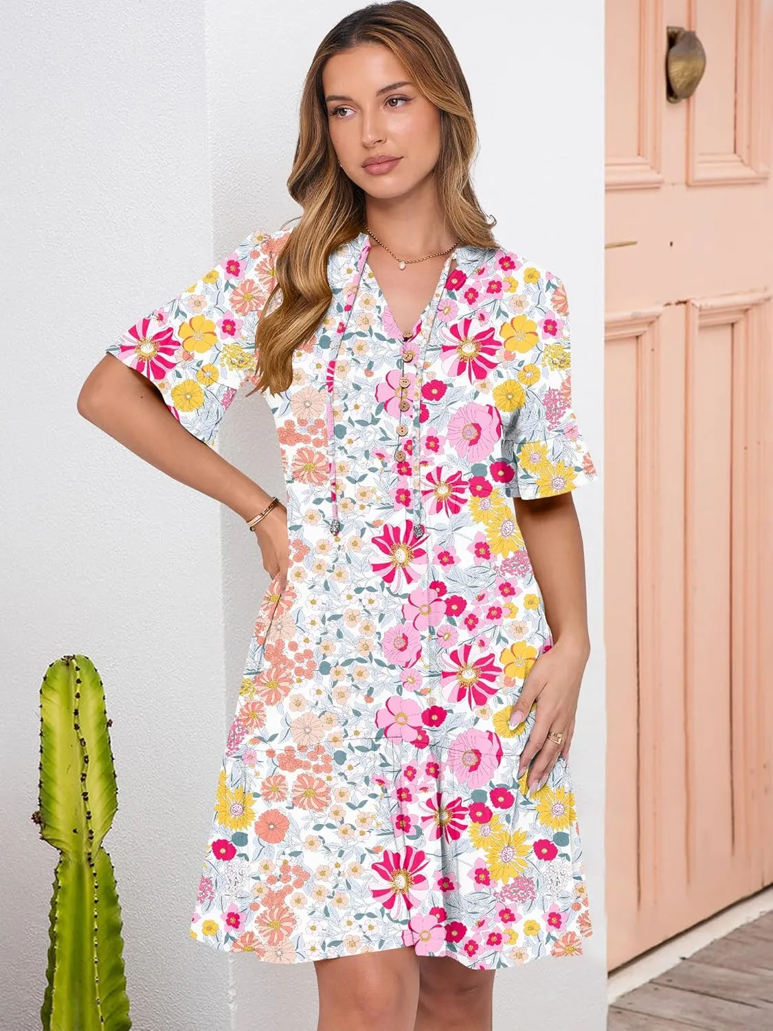 ANRABESS Womens Summer Casual Button Down Mini Dress Ruffle Short Sleeve V Neck Flowy A Line Tiered Beach Vacation Dresses